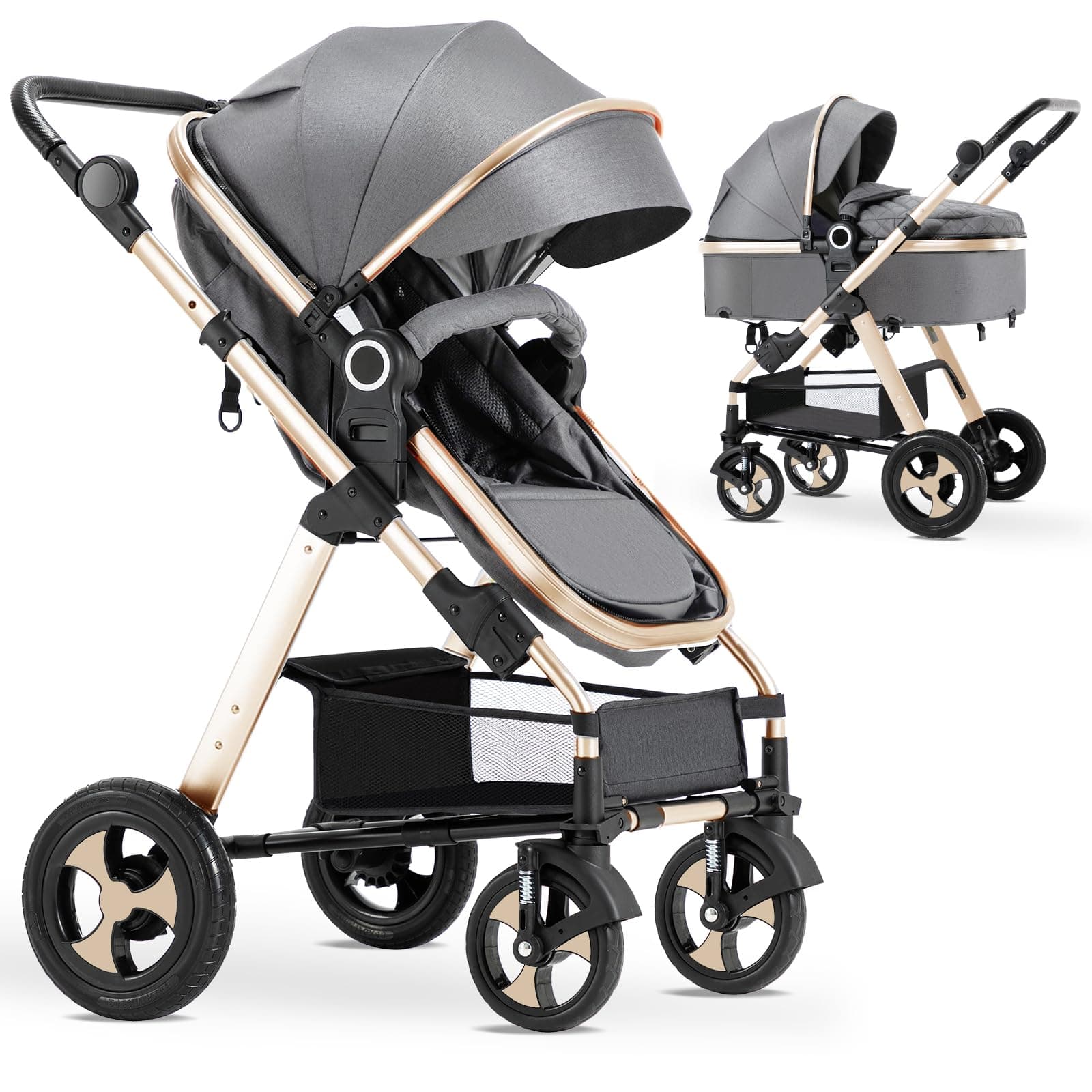 Blahoo Baby Stroller for Newborn, 2 in1 High Landscape Stroller, Foldable Aluminum Alloy Pushchair with Adjustable Backrest.Adjustable Awning, Variable Seat and Recliner(Coffee