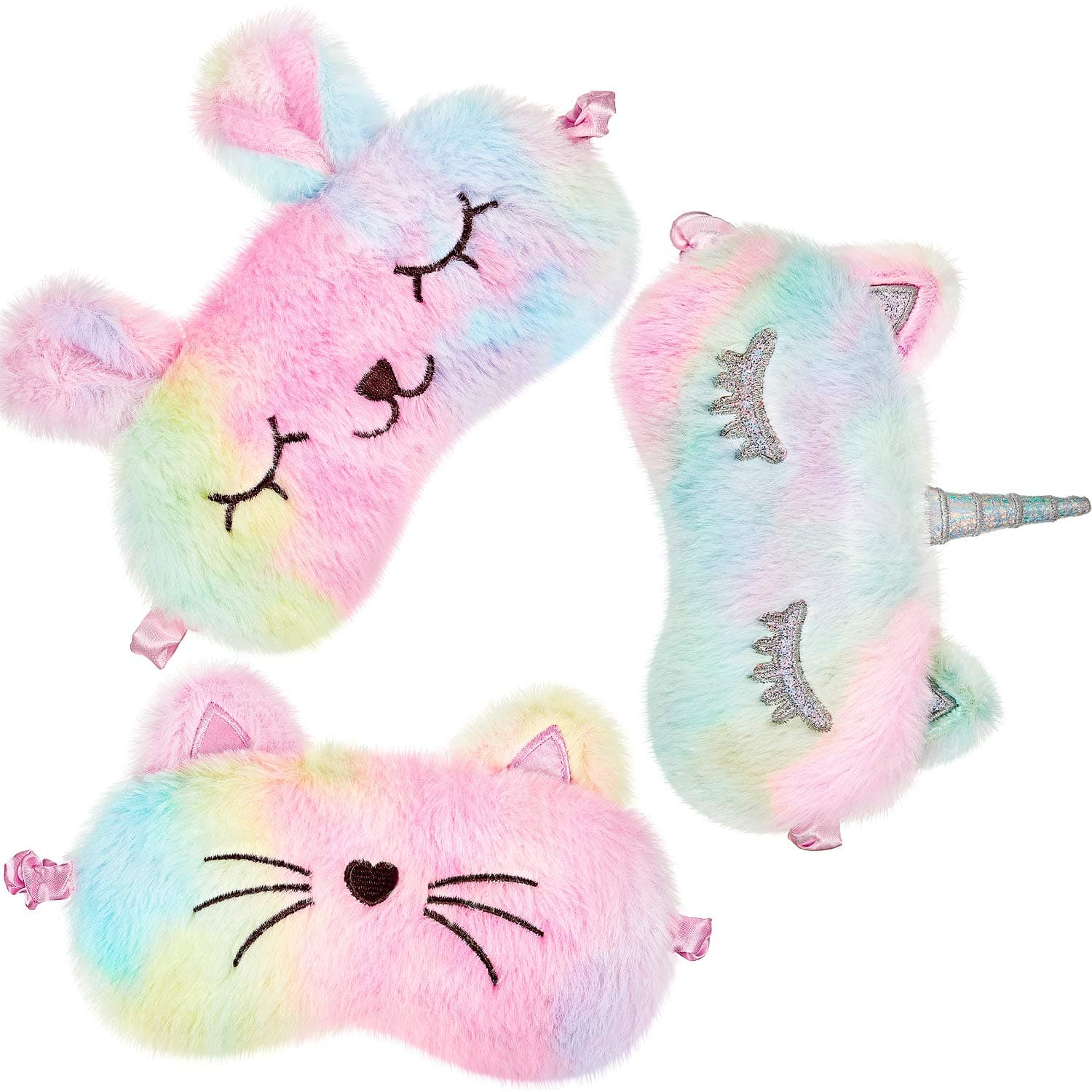 Sleep Mask for Kids, Girls Plush Sleeping Eye Cover 3 Pieces Soft Eye Blindfold Sleep Cover Animal Shade for Kids(Rainbow Color,Bunny, Cat and Unicorn Style)