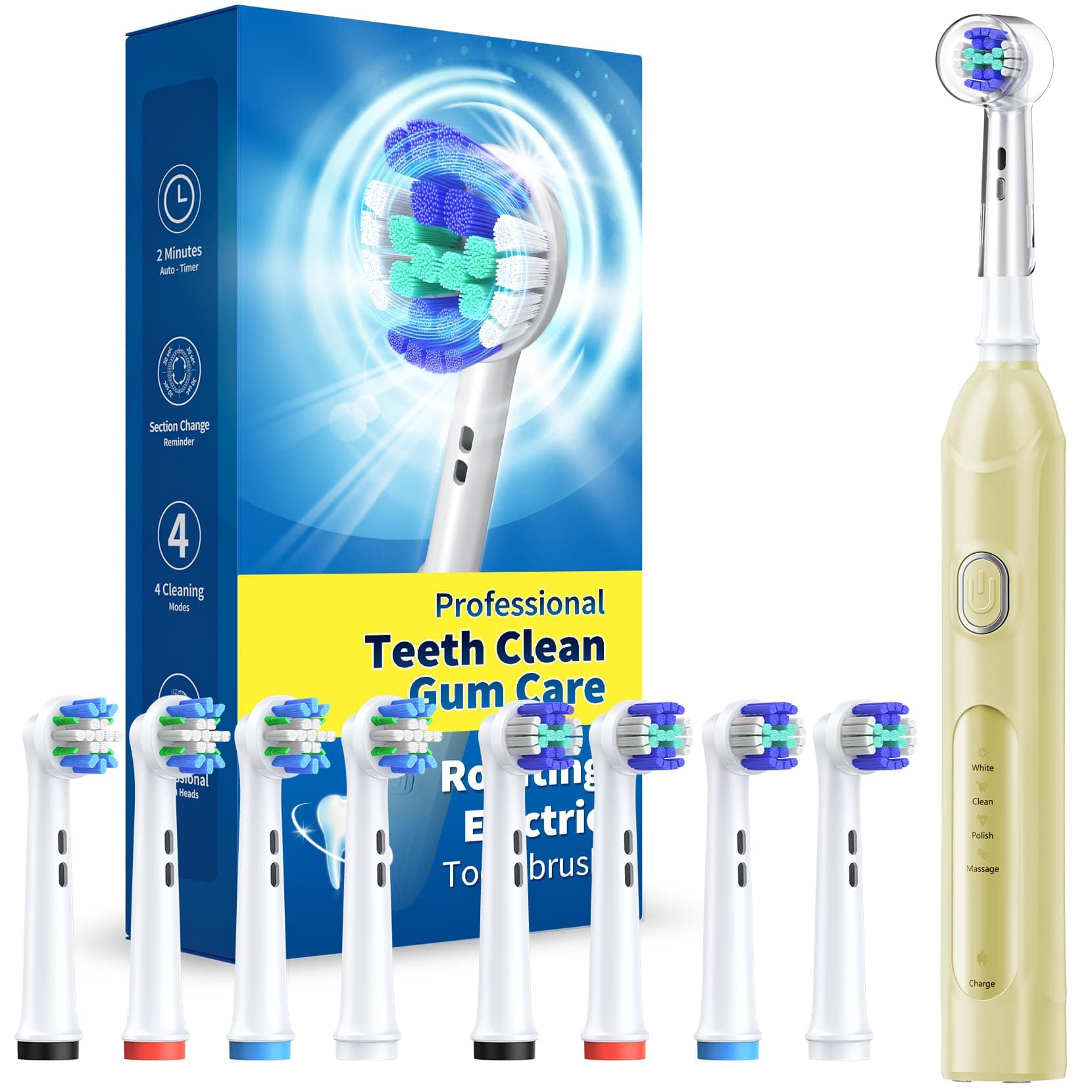 TEETHEORY Rotating Electric Toothbrush for Adults with 8 Brush Heads (2 Types), 4 Modes Deep Clean Electric Toothbrush with Rechargeable Power and 2 Min Smart Timer