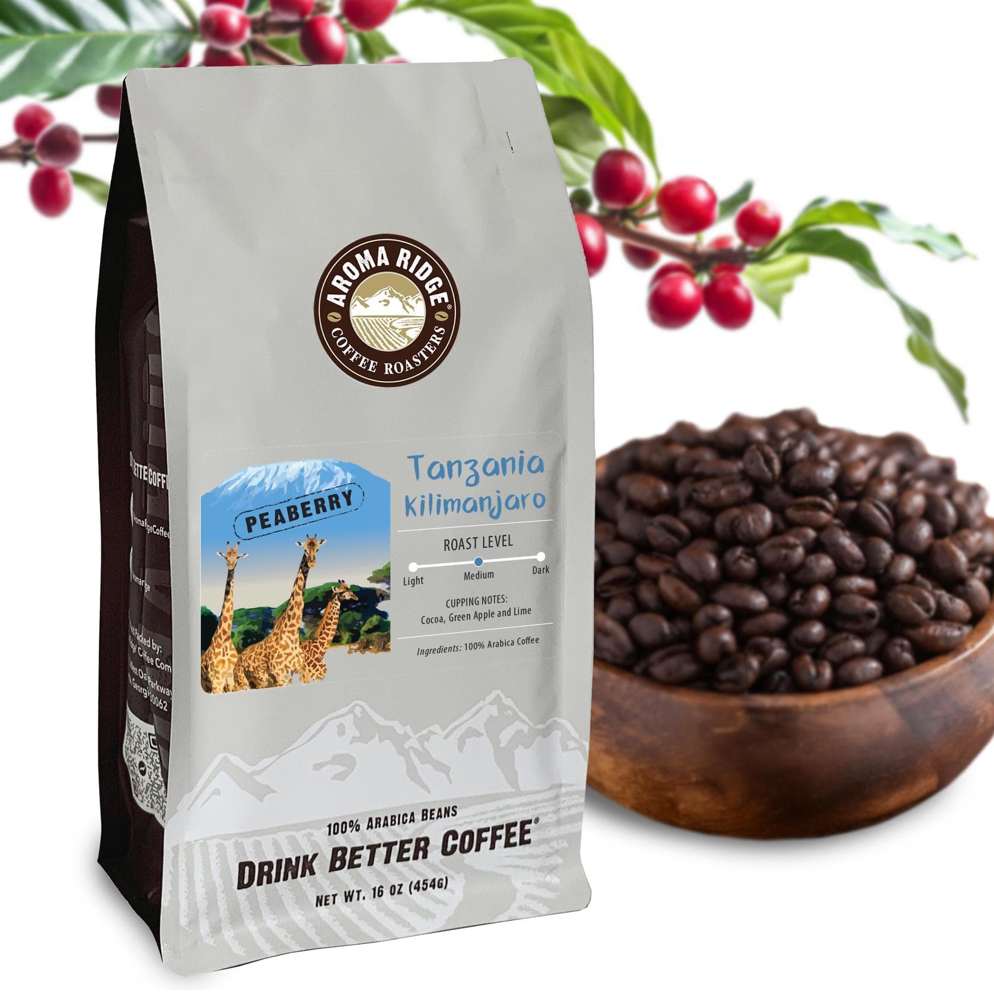 Aroma Ridge Tanzania Peaberry Coffee, Mount Kilimanjaro, Freshly Roasted Medium, Whole Bean, 16oz