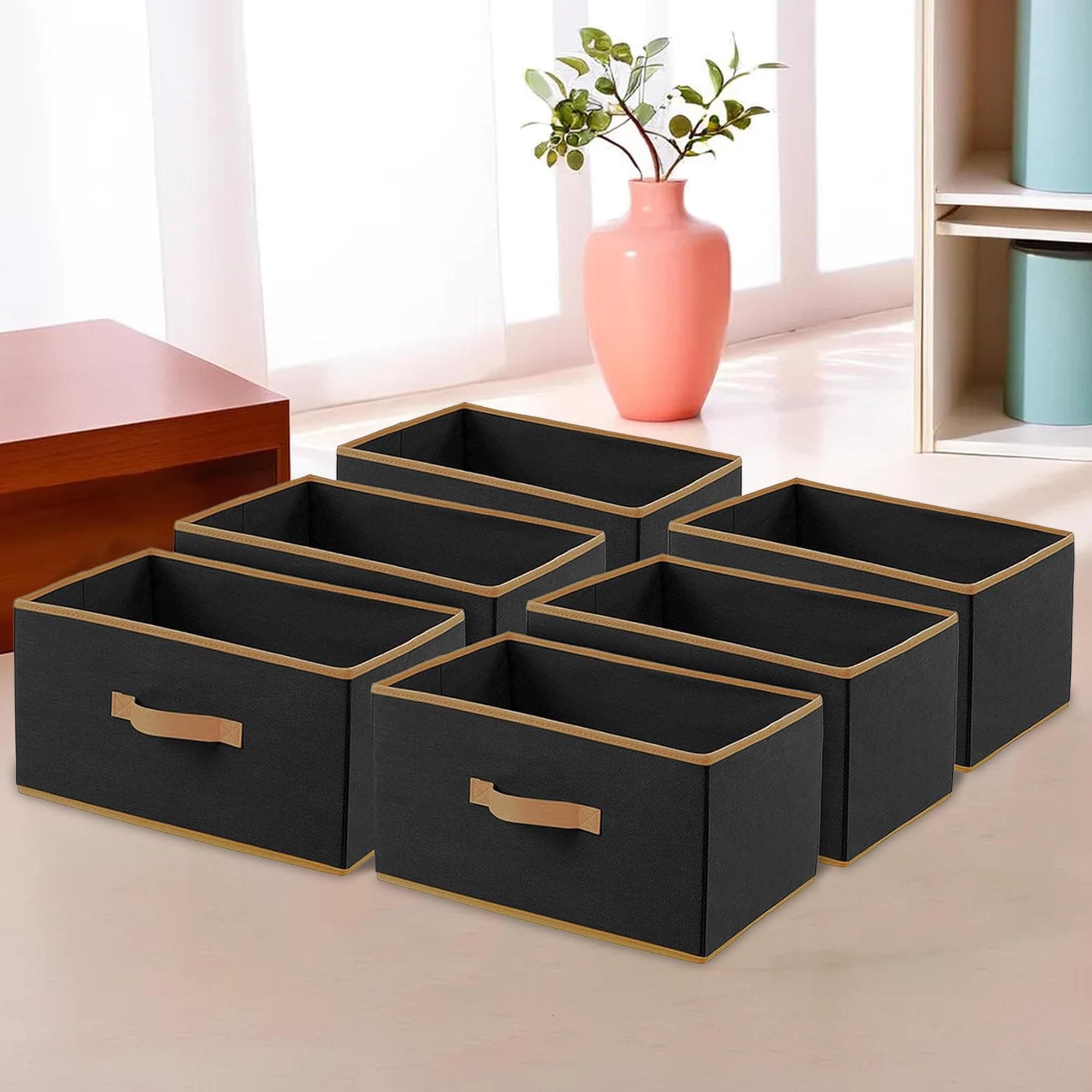 - Kuber Industries Foldable Boxes For Storage (Pack of 6) - Multipurpose Storage Organizer For Clothes | Wardrobe | Closet | Toys | Books | Home - Undergarment Organizer Basket With Handle (Black)