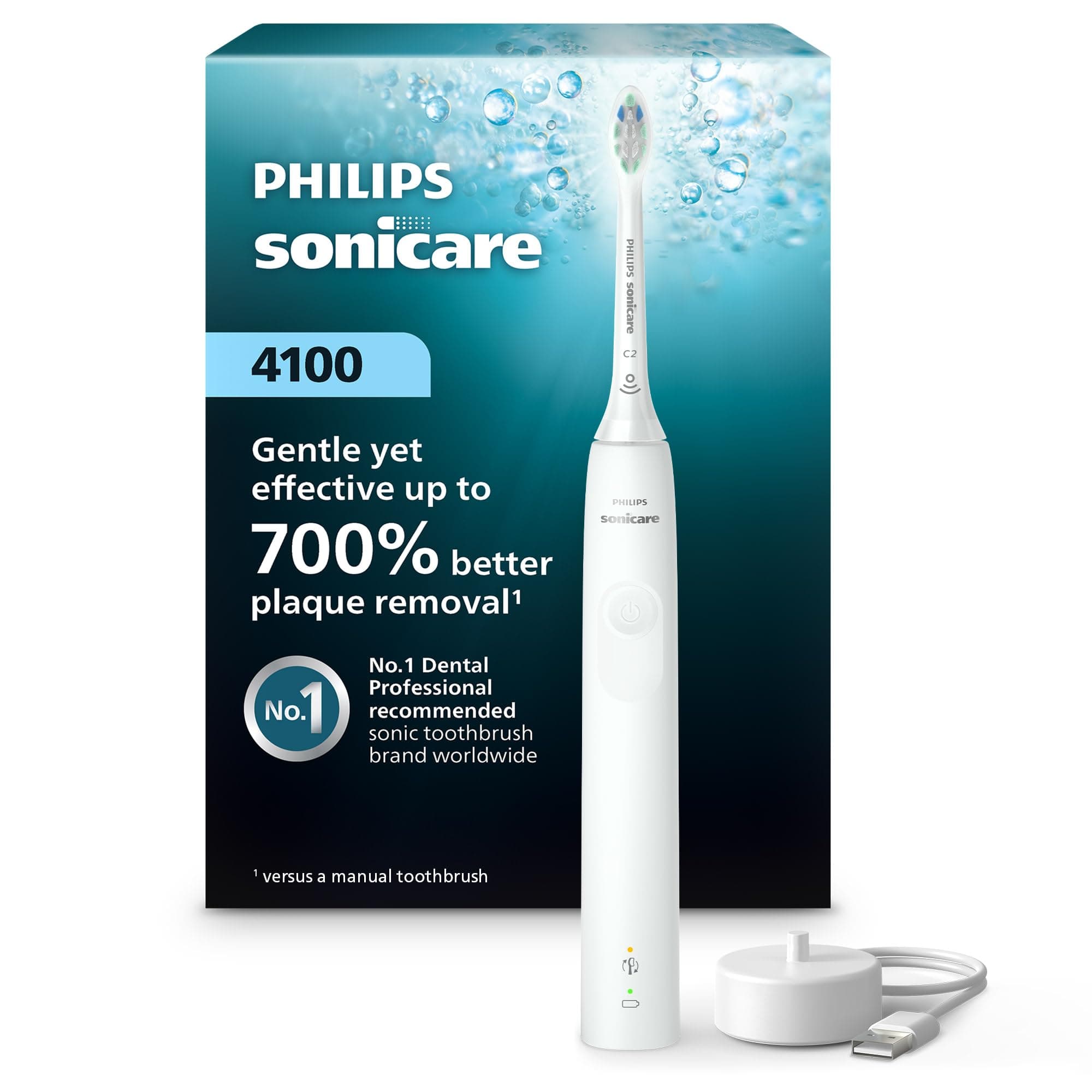 4100 Series Electric Toothbrush - Sonic Toothbrush with Advanced Sonic Technology, Pressure Sensor, Two Intensity Settings, Smartimer & Quadpacer, White, Model HX3681/23