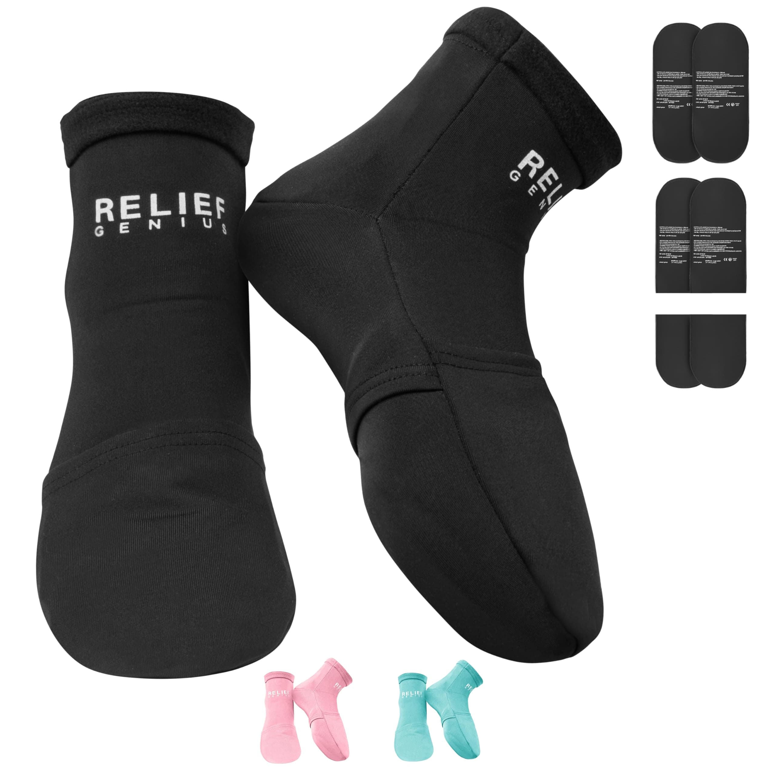 Relief Genius Cold Therapy Socks with Reusable Gel ice Packs - Achieve Relief from Sprains, Muscle Pain, Bruises, Swelling, Edema, Chemotherapy, Arthritis, Post Partum Foot (Black, Large)