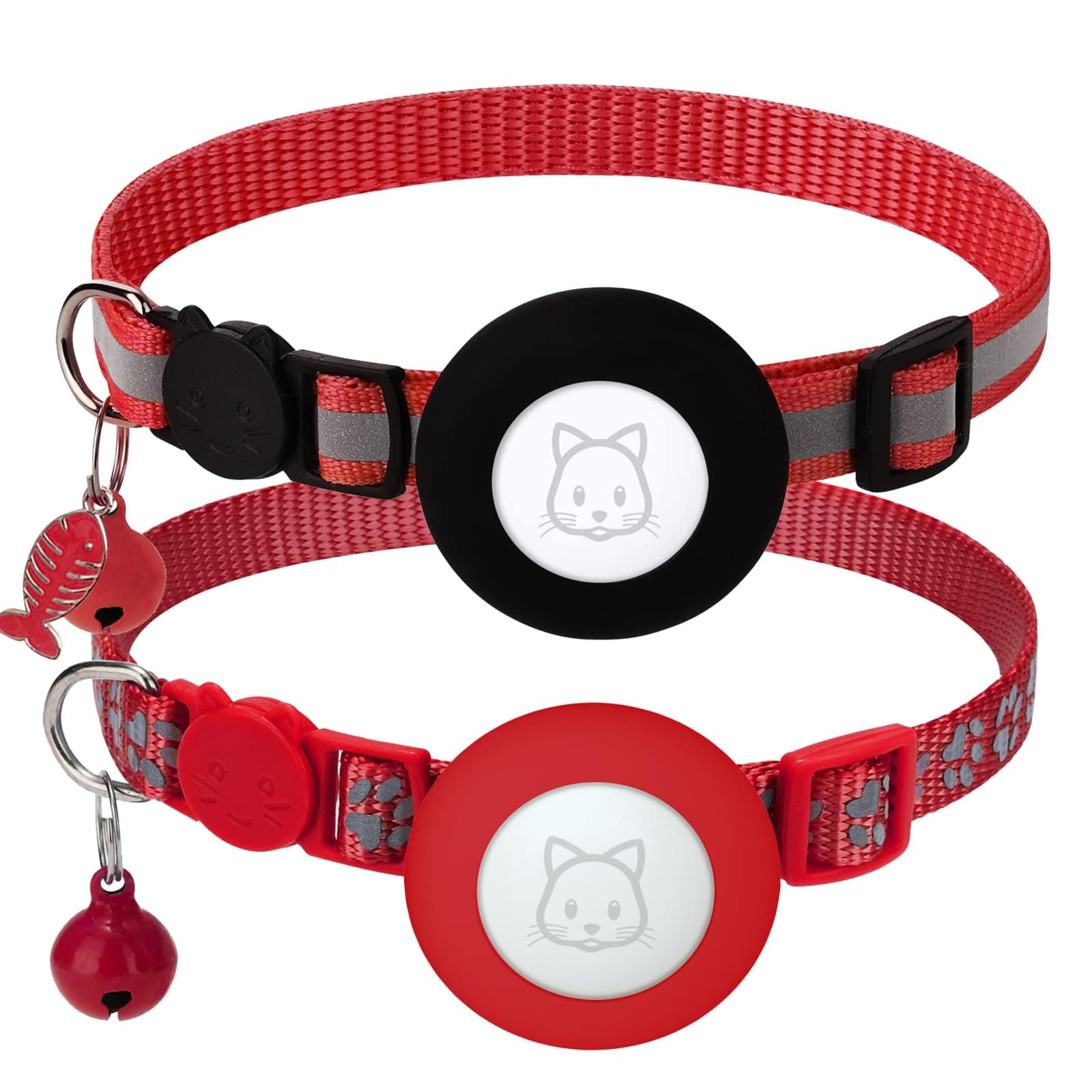 2Pack Airtag Cat Collars, Reflective Air Tag Cat Collar with Breakaway Safety Buckle and Bell, Adjustable Cat Collar with Airtag Holder Compatible with Apple Airtag for Small Pets (Red)