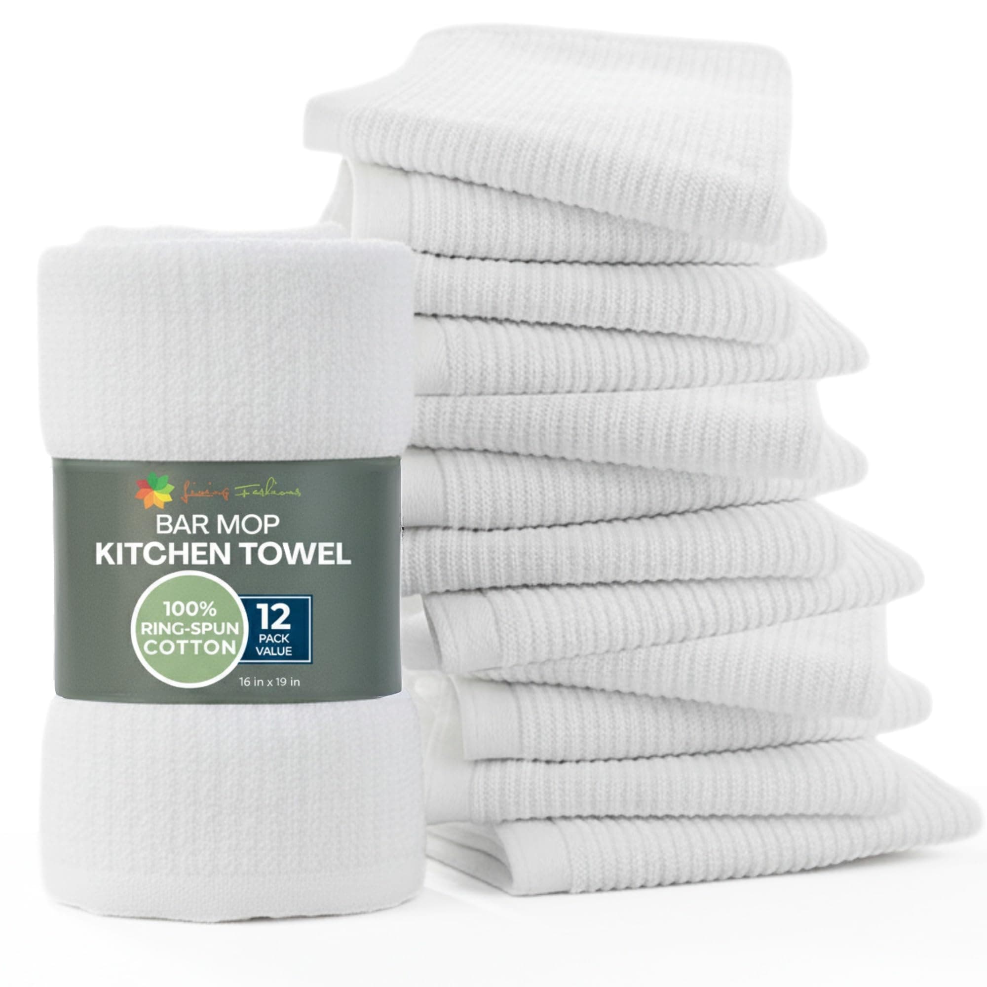Bar Towels - Bar Mop Cleaning Kitchen Towels (12 Pack, 16" x 19”) - Premium Ring-Spun Cotton White Kitchen Bar Towels, Restaurant Cleaning Towels, Shop Towels and Rags - Bulk Bar Mop Set