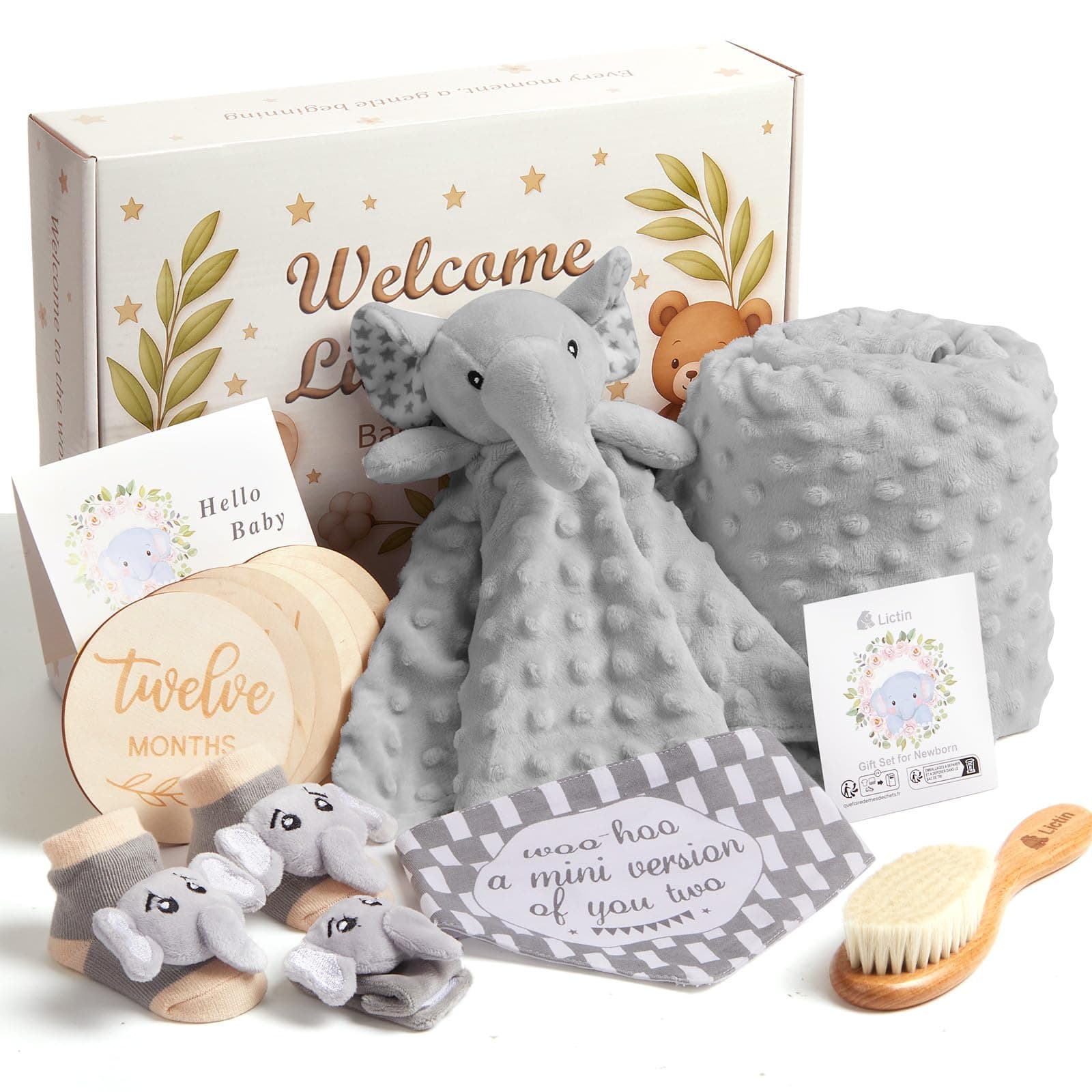Lictin Baby Gift Set for Boys Girls, 14PCS Baby Shower Gifts, Neutral Newborn Gifts Basket with Baby Blanket, Wooden Monthly Milestone Cards, Elephant Security Blanket (Grey, 14pcs)
