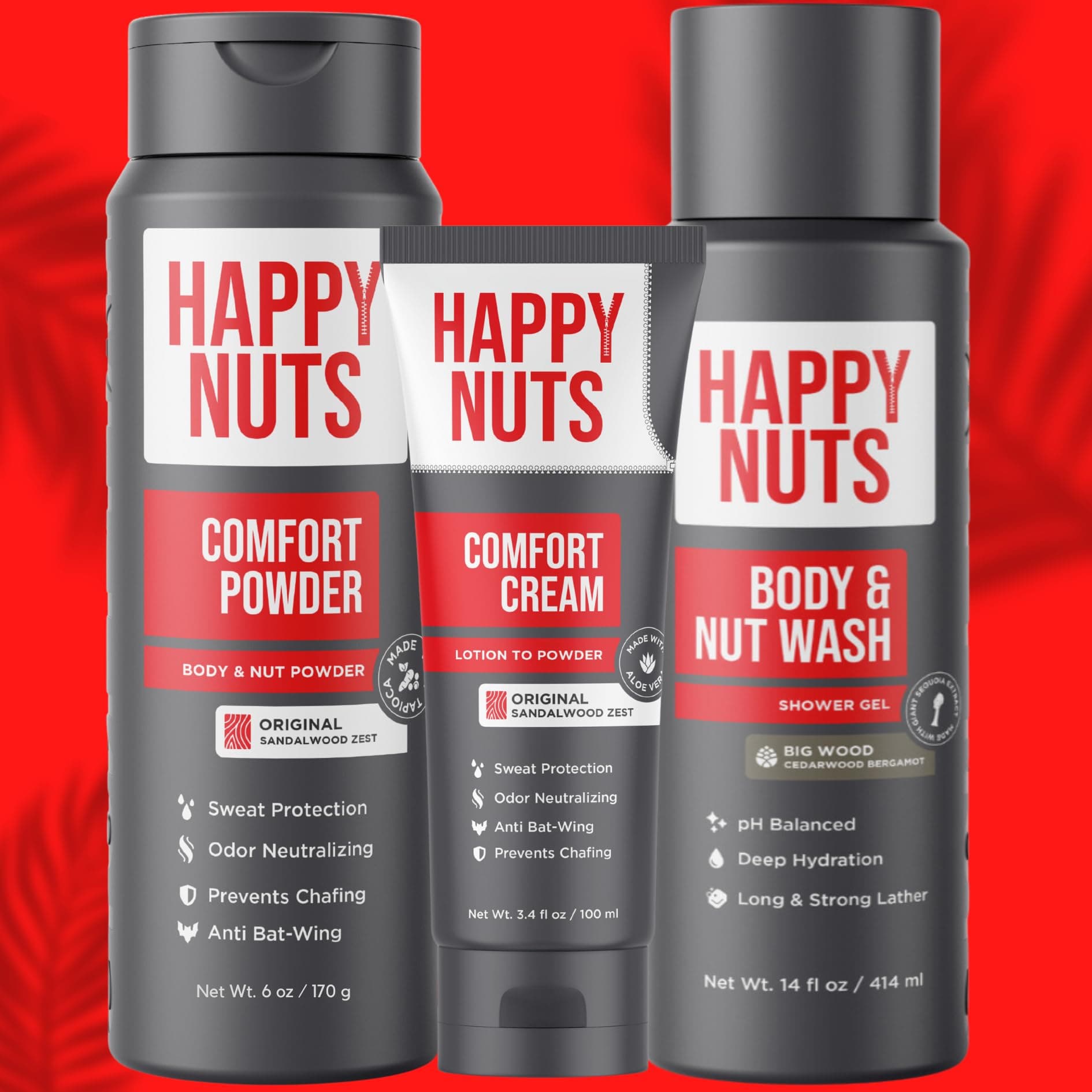 Happy Nuts Comfort Cream Powder and Body Wash Bundle - Anti-Chafing Sweat Defense and Men's Shower Gel Body Wash