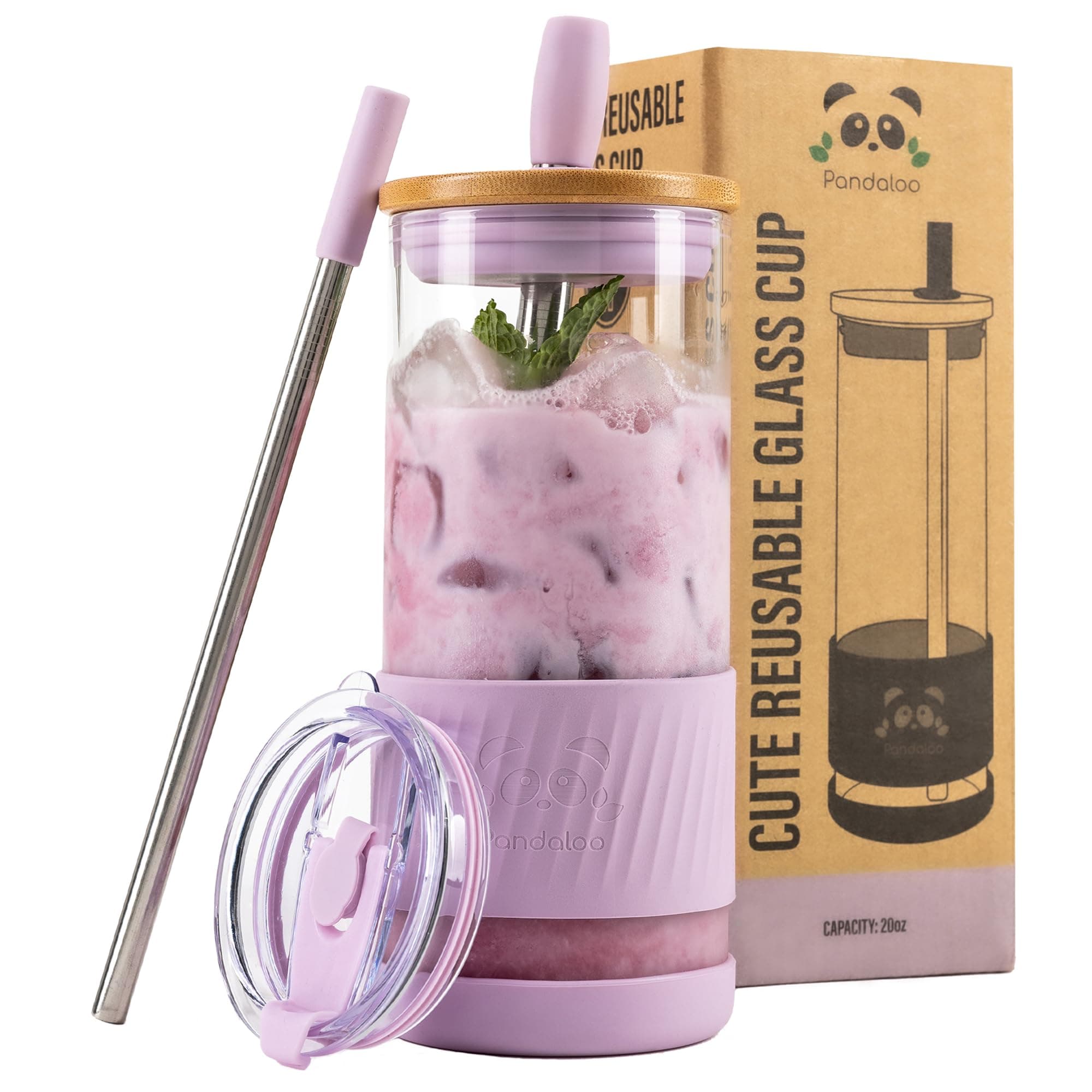Pandaloo® Glass Cups With Lids and Straws -20 Fl Oz- Perfect Size Iced Coffee Cup - Smoothie Cup With Bamboo Lid and On the go Lid - Glass Tumbler With Straw (1 Count (Pack of 1), Lilac Rhapsody)