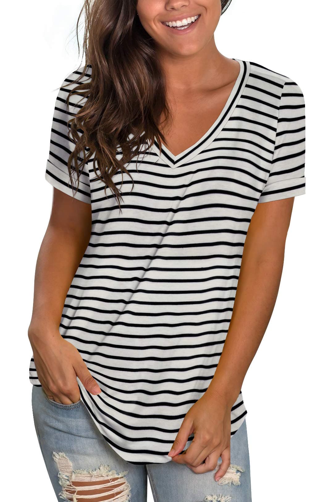 Sieanear Womens Tops Summer Short Sleeve V Neck T Shirts Casual