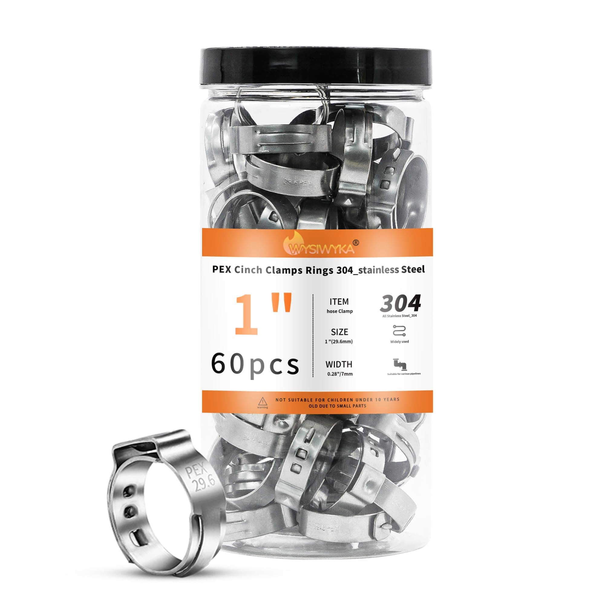 60pcs 1 inch PEX Cinch Clamps Rings, 304 Stainless Steel Single Ear Hose Clamps, Pex Crimp Rings for PEX Tubing Pipe Fitting Connections