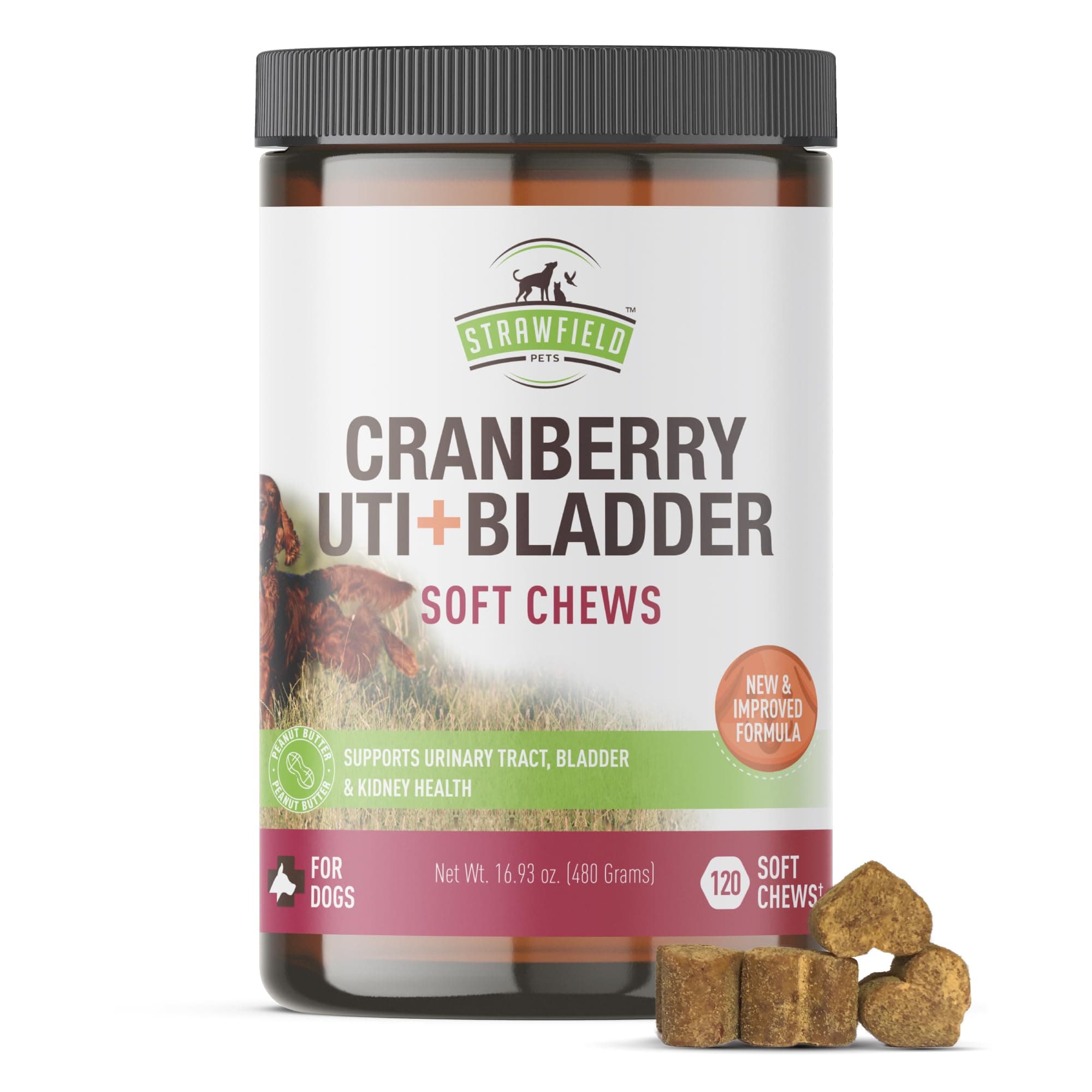Strawfield Pets Cranberry Bladder & UTI Chews for Dogs D-Mannose + Vitamin C for Urinary Tract Support Peanut Butter Flavored Soft Chews 120 softchews