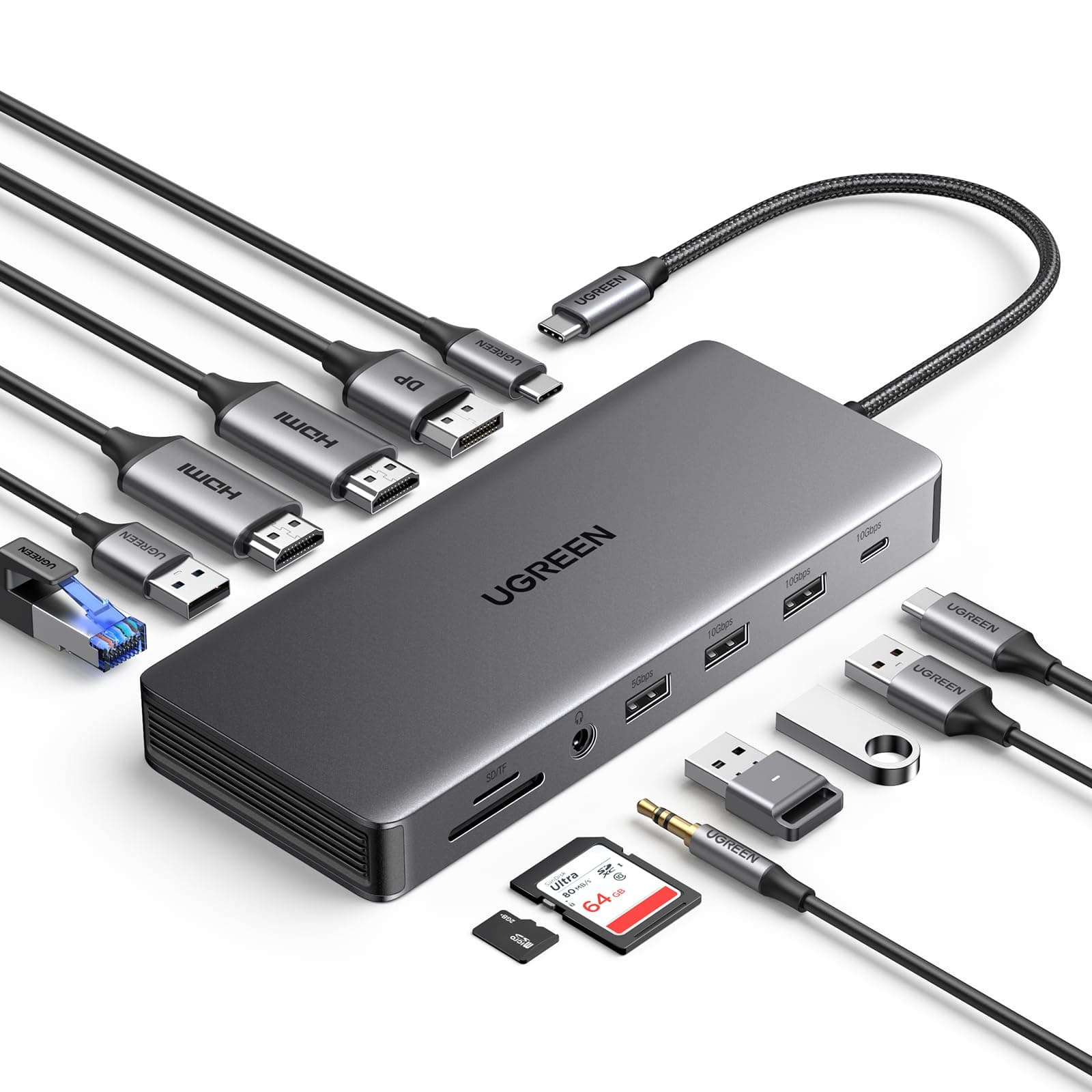 UGREEN Revodok Pro 313 USB C Hub 13 in 1 Type c Docking Station MST Function HDMI 2 + DP Output 4K@60Hz 3 Screens PD 100W Fast Charge 2xUSB-A 3.2+2xUSB-A 3.0 10Gbps Data Transfer 1Gbps RJ45 Port