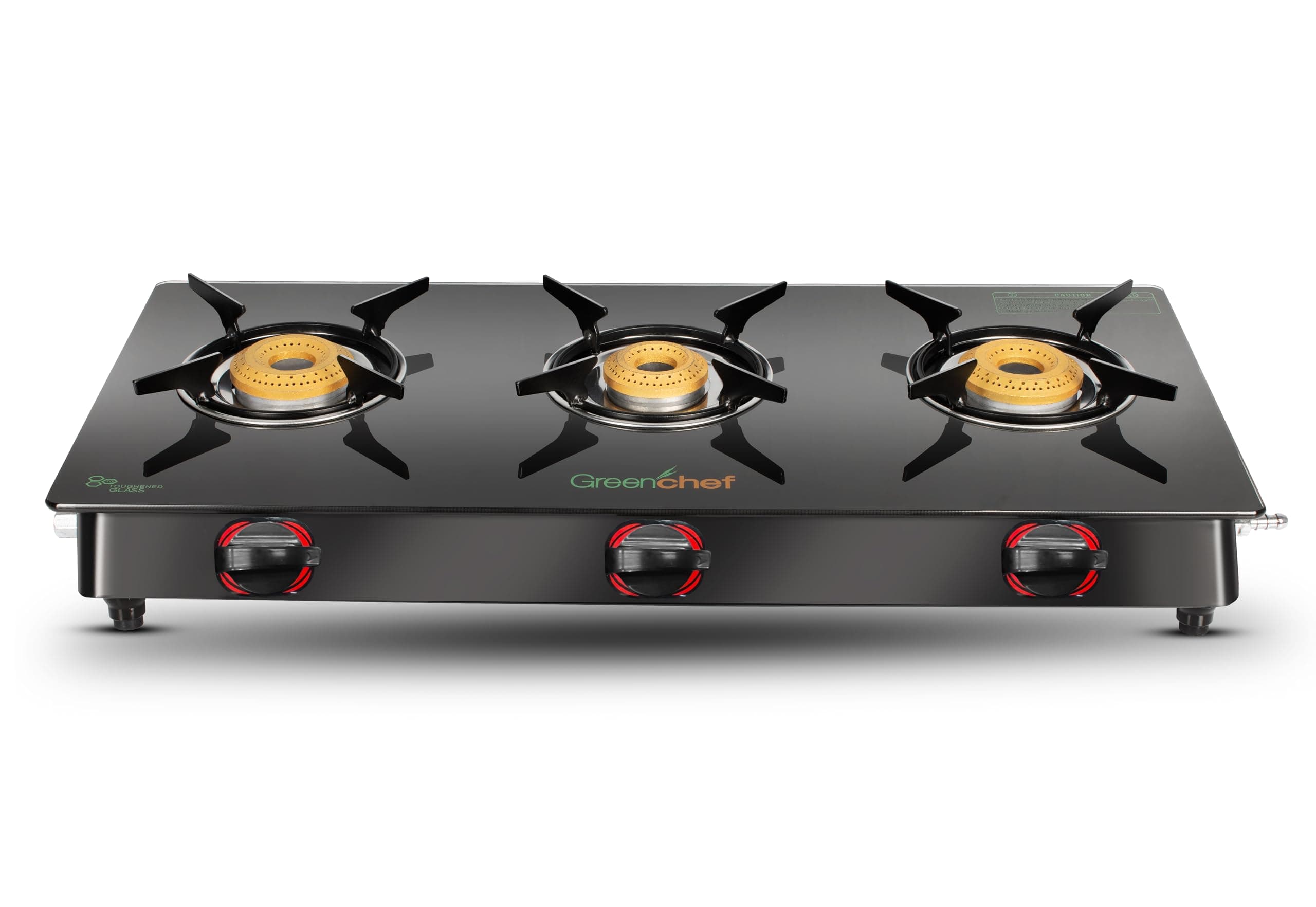 Elon Glass cook top Three Burner Gas stove,Black Body (Manual Ignition), toughened glass top, Compact Design, pan support – ISI certified