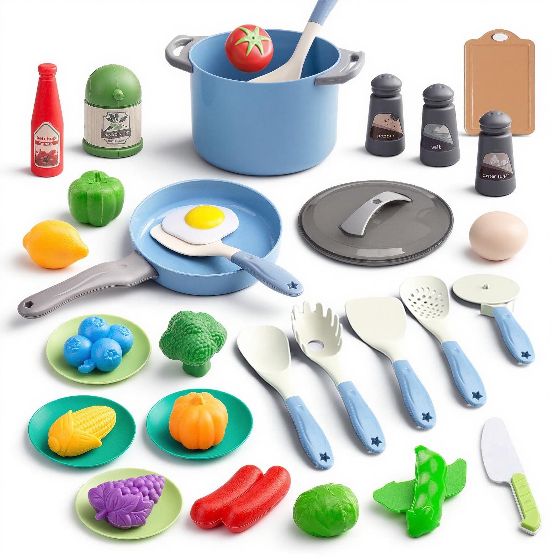 35Pcs Kids Kitchen Toy Accessories, Toddler Pretend Cooking Playset with Play Pots, Pans, Utensils, Cookware, Play Food Set, Toy Vegetables, Learning Gift for Girls & Boys (Blue)