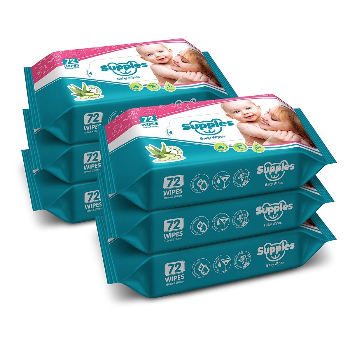 – Supples Baby Wet Wipes with Aloe Vera and Vitamin E, 72 Pieces, White (Pack of 6)
