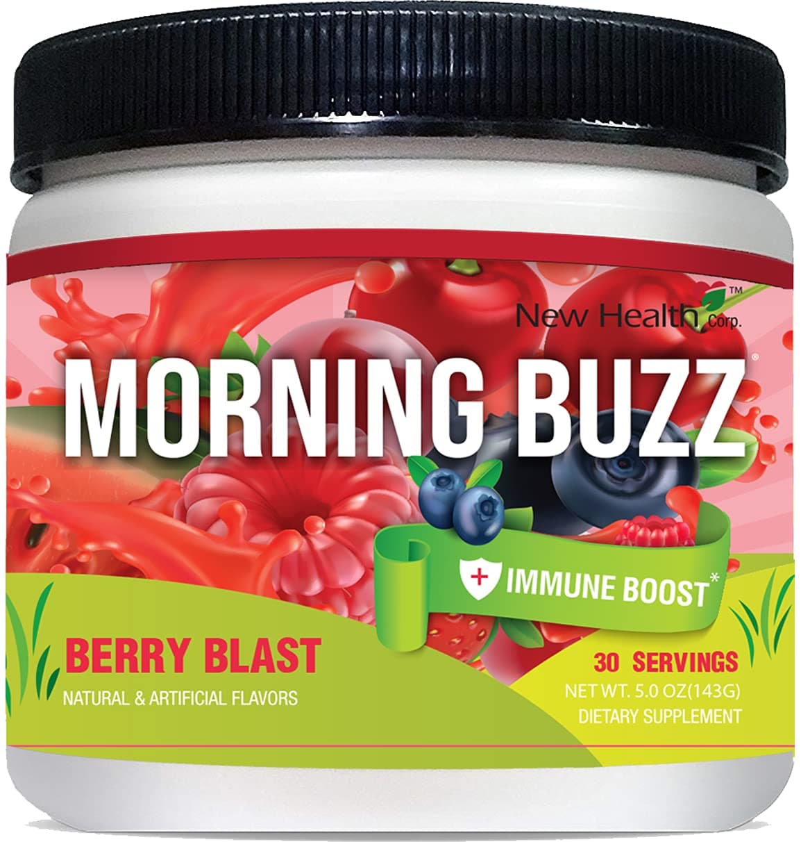 Morning Buzz Clean Energy Drink Mix + Immune Support (5 Oz/143g) by New Health, Sugar-Free, Green Tea Natural Caffeine, Vitamin D, Zinc, Antioxidant, Probiotic, Powder Mix, 30 Serving