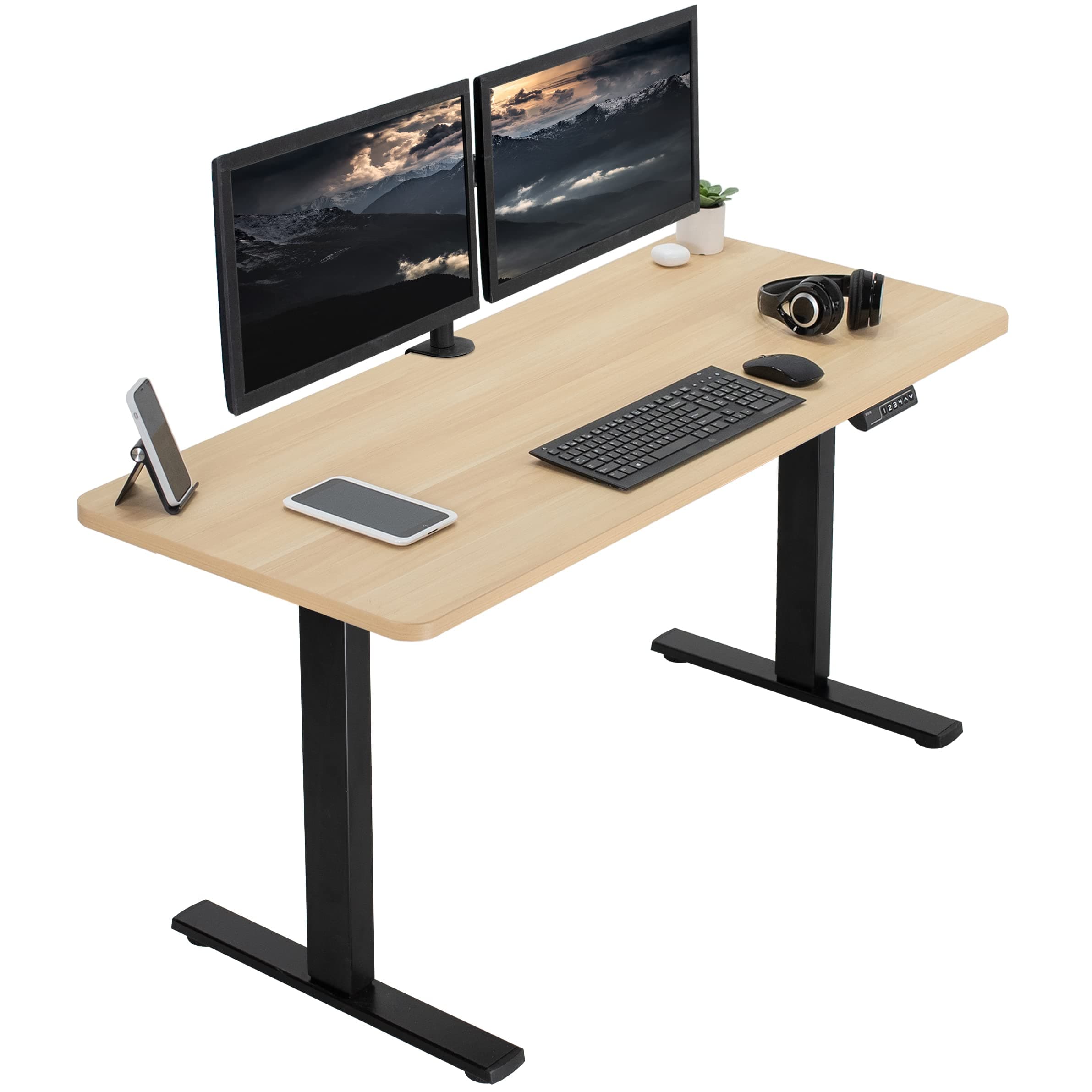 VIVO Electric Height Adjustable 60 x 24 inch Memory Stand Up Desk, Light Wood Solid One-Piece Table Top, Black Frame, Standing Workstation with Preset Controller, DESK-KIT-1B6C