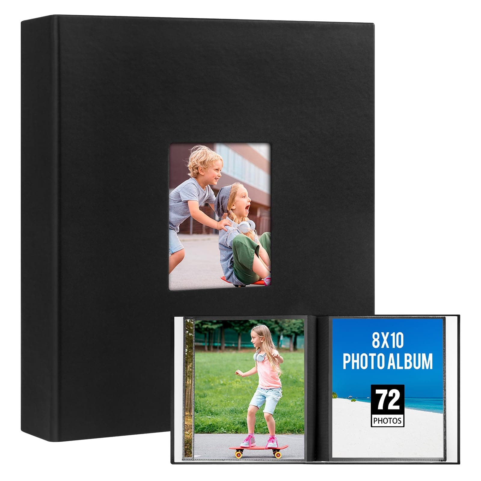 10x8 Photo Album Holds 72 Photos, Leather Cover Photo Albums 8x10 with Front Window, Acid Free 10x8 Photo Album Book, Black Inside Page 10 x 8 Photo book for Wedding Family Baby Pictures