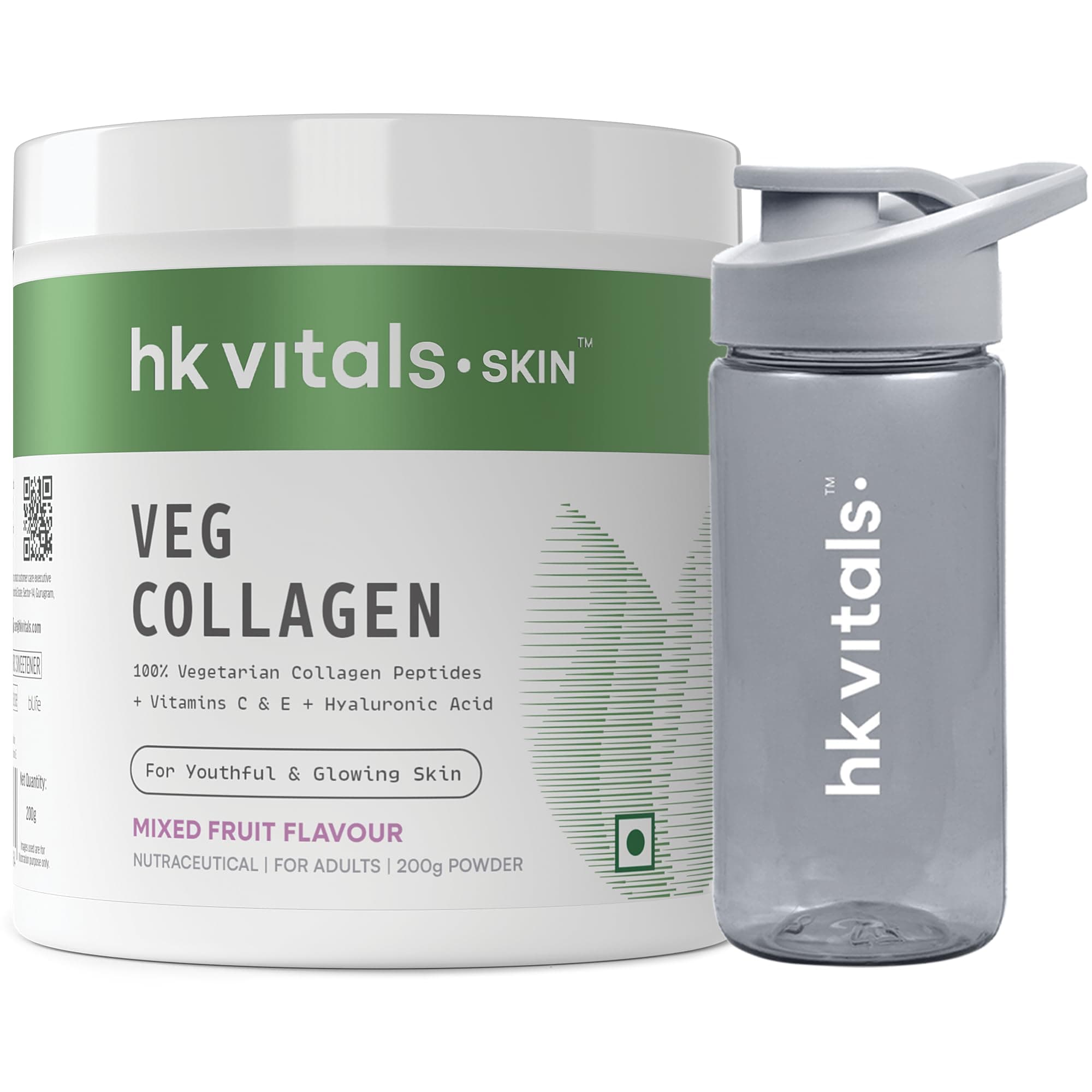 HealthKart HK Vitals Skin Radiance Veg Collagen Powder, 200 g (Mixed Fruit) | Vegetarian Collagen Supplements for Women & Men with Biotin for Healthy Skin with Pocket Sip n Go Bottle, Teal 300 ml