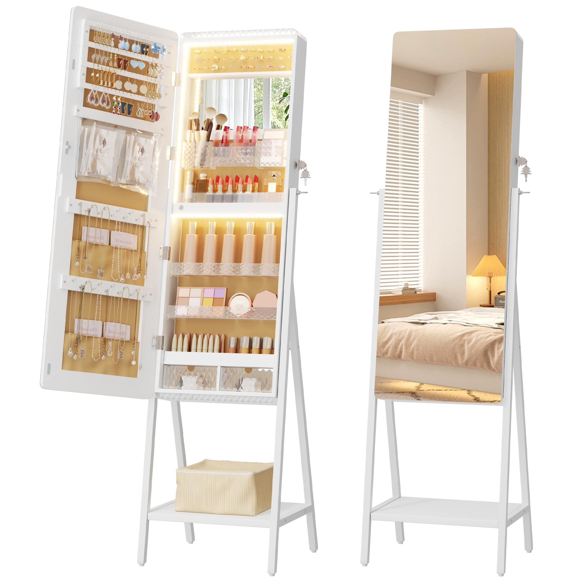 LVSOMT Jewelry Armoire Cabinet Standing, Lockable Full Length Mirror with Storage, Space-Saving Mirror with Jewelry Storage, LED Makeup Mirror, Jewelry Organizer Cabinet, White