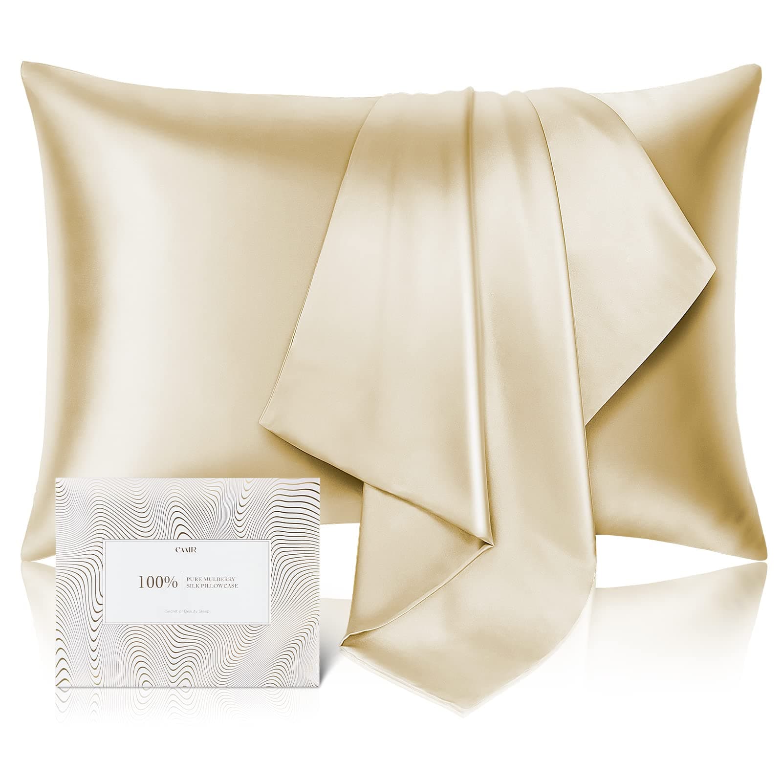 100% Pure Mulberry Silk Pillowcase for Hair and Skin - Allergen Resistant Dual Sides,600 Thread Count Silk Bed Pillow Cases with Hidden Zipper,1pc,Standard Size,Champagne