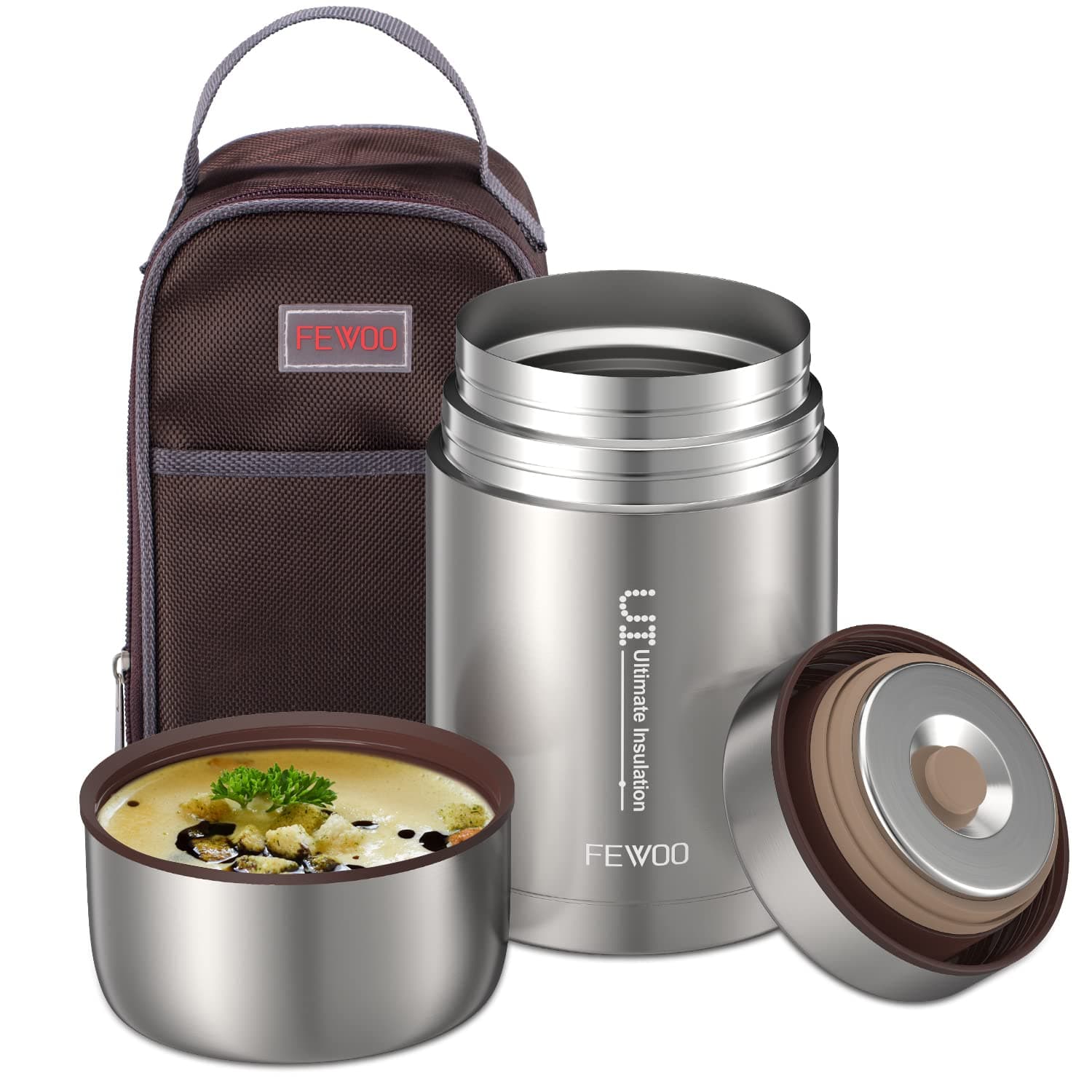 FEWOO Food Jar - 27oz Vacuum Insulated Stainless Steel Lunch Box, Leak Proof Soup Containers with bag for Hot or Cold Food (Grey)