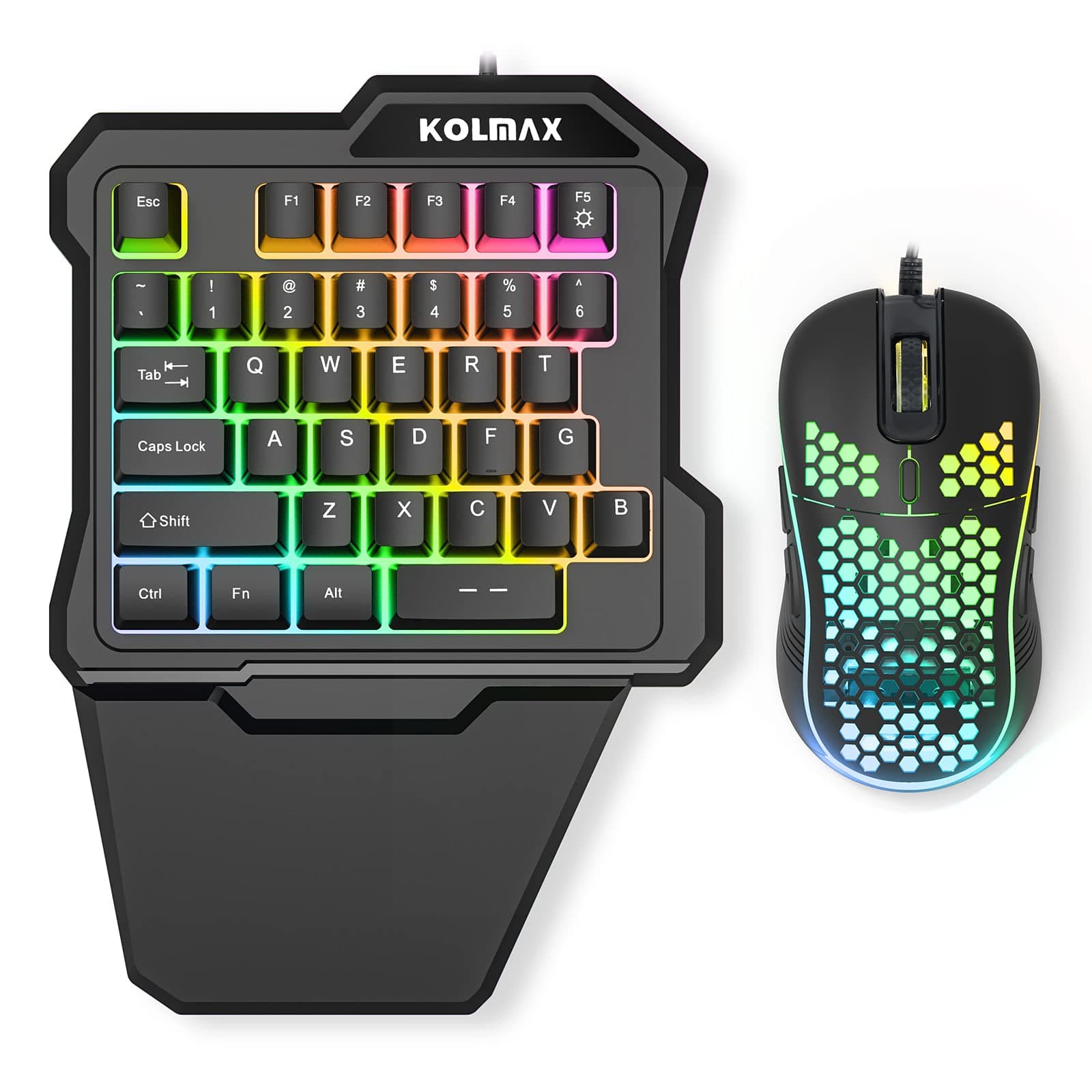 RGB One Handed Gaming Keyboard and Mouse Combo, Mechanical Feeling USB Wired Keypad with Wrist Rest, Gaming Mouse for Laptop PC, Xbox PS4, Game, Office
