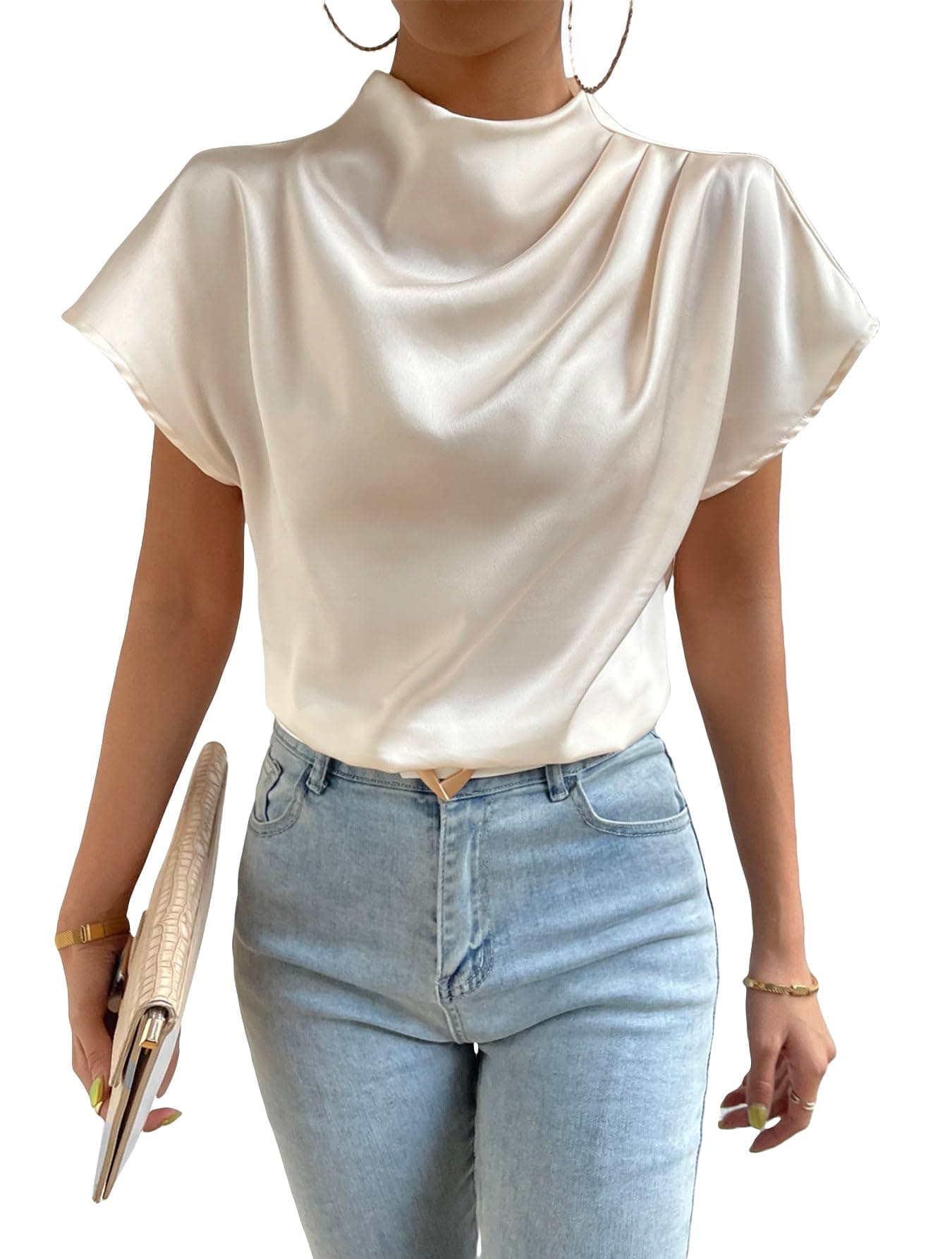 Women's Elegant Satin Short Sleeve Mock Neck Blouse Shirt Top