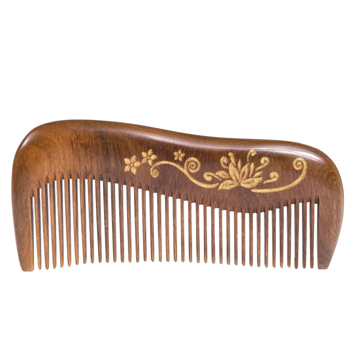 Sandalwood Hair Comb - No Static Handmade Wooden Fine Tooth Detangling Comb with Golden Painted Flower