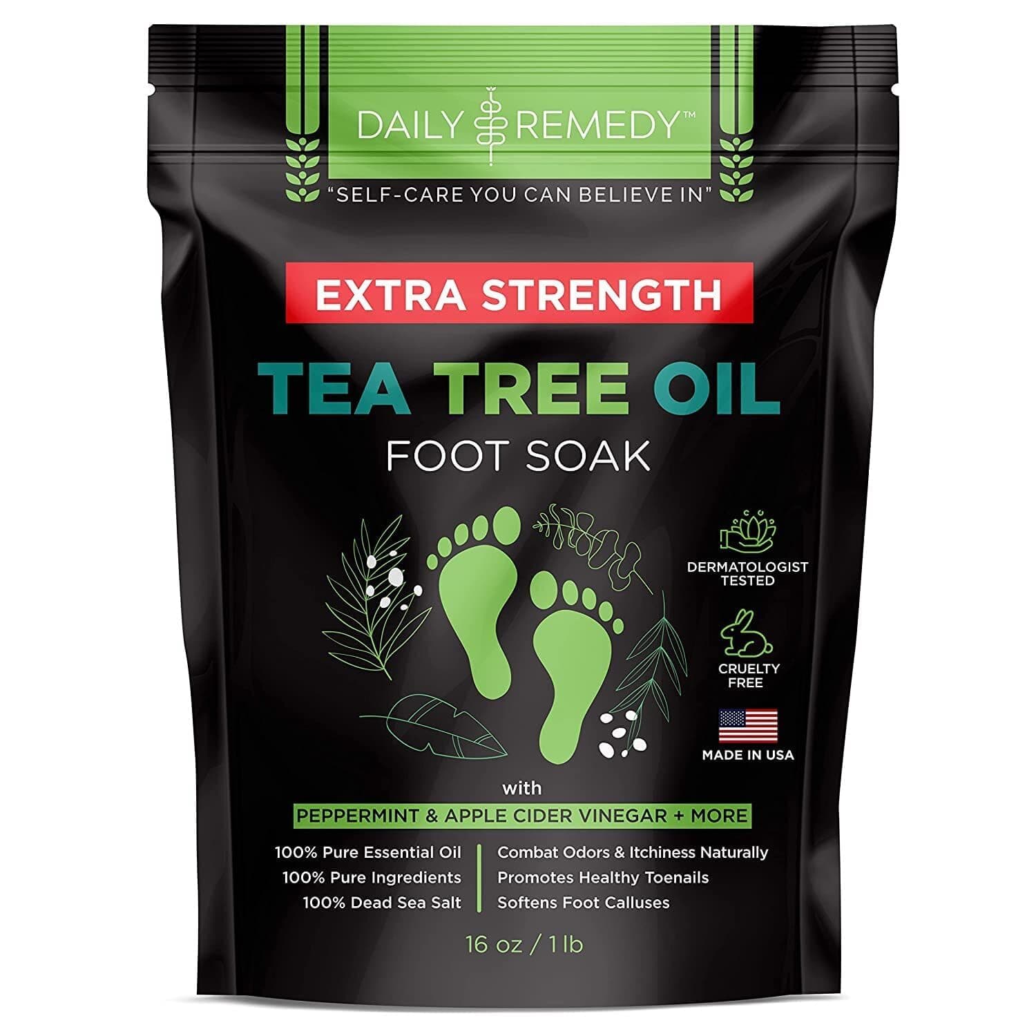 EXTRA STRENGTH Tea Tree Oil Foot Soak w/ Epsom Salt Made in USA Toenails，Athlete's Foot，Itchy Feet，Stubborn Smelly Foot Odor，Pedicure Calluses & Soothes Sore Tired Achy Feet 16 oz，Black