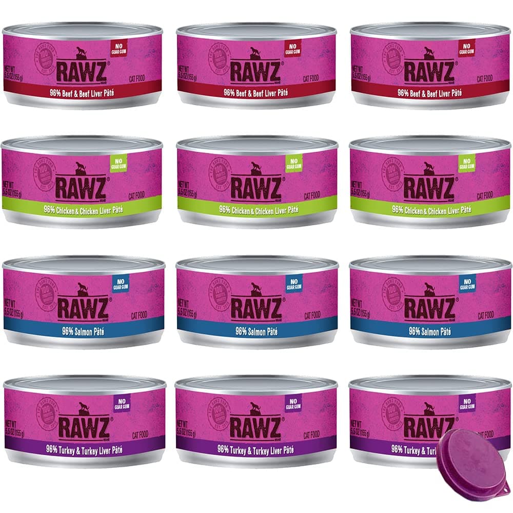 RawzNatural Premium Canned Cat Wet Food Pate-12 Pack Variety - 4 Flavors - (Turkey, Chicken & Liver, Salmon & Beef) (5.5oz Cans,) Lid