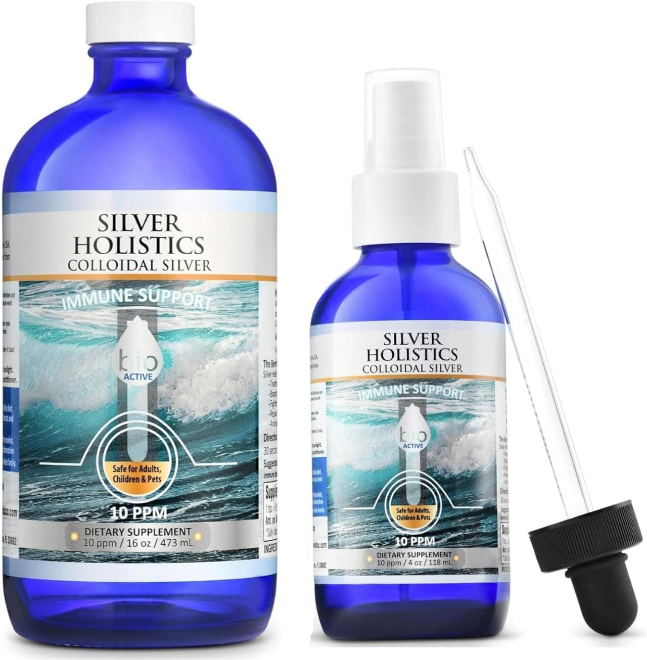 Silver Holistics Colloidal Silver Liquid Bundle – Includes 4 oz Glass Spray Bottle & 16 Oz. Glass Refill Solution with Free Dropper - Immune Support Supplement for Children, Adults, & Pets
