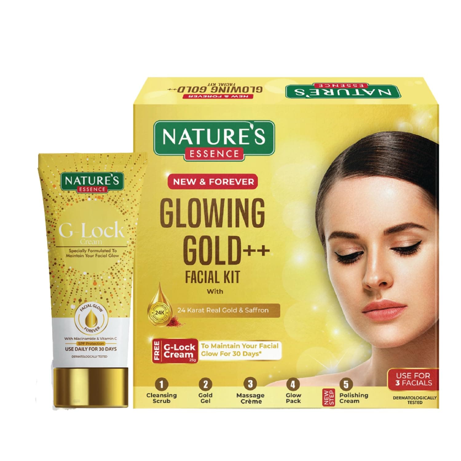 NATURES ESSENCE Glowing Gold Facial Kit (60Grams+15ML)