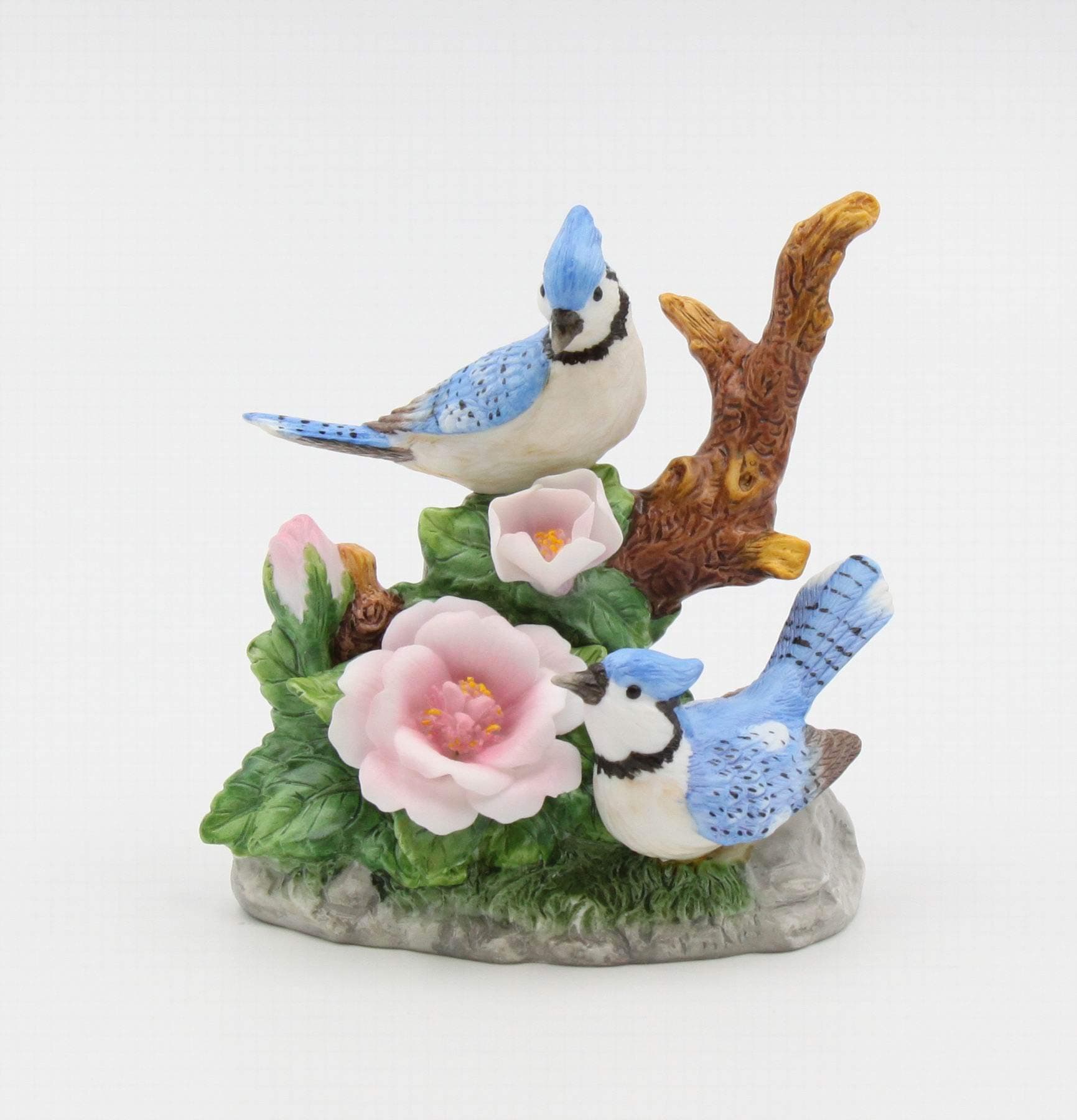 Fine Porcelain Double Blue Jay Birds with Pink Daisy Flower Figurine, 4-1/8" H
