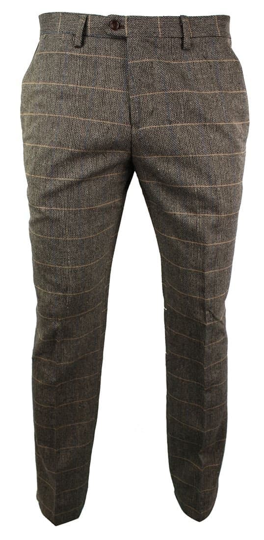 Mens Vintage Tweed Check Trouser Herringbone Tan Brown Slim Fit Regular