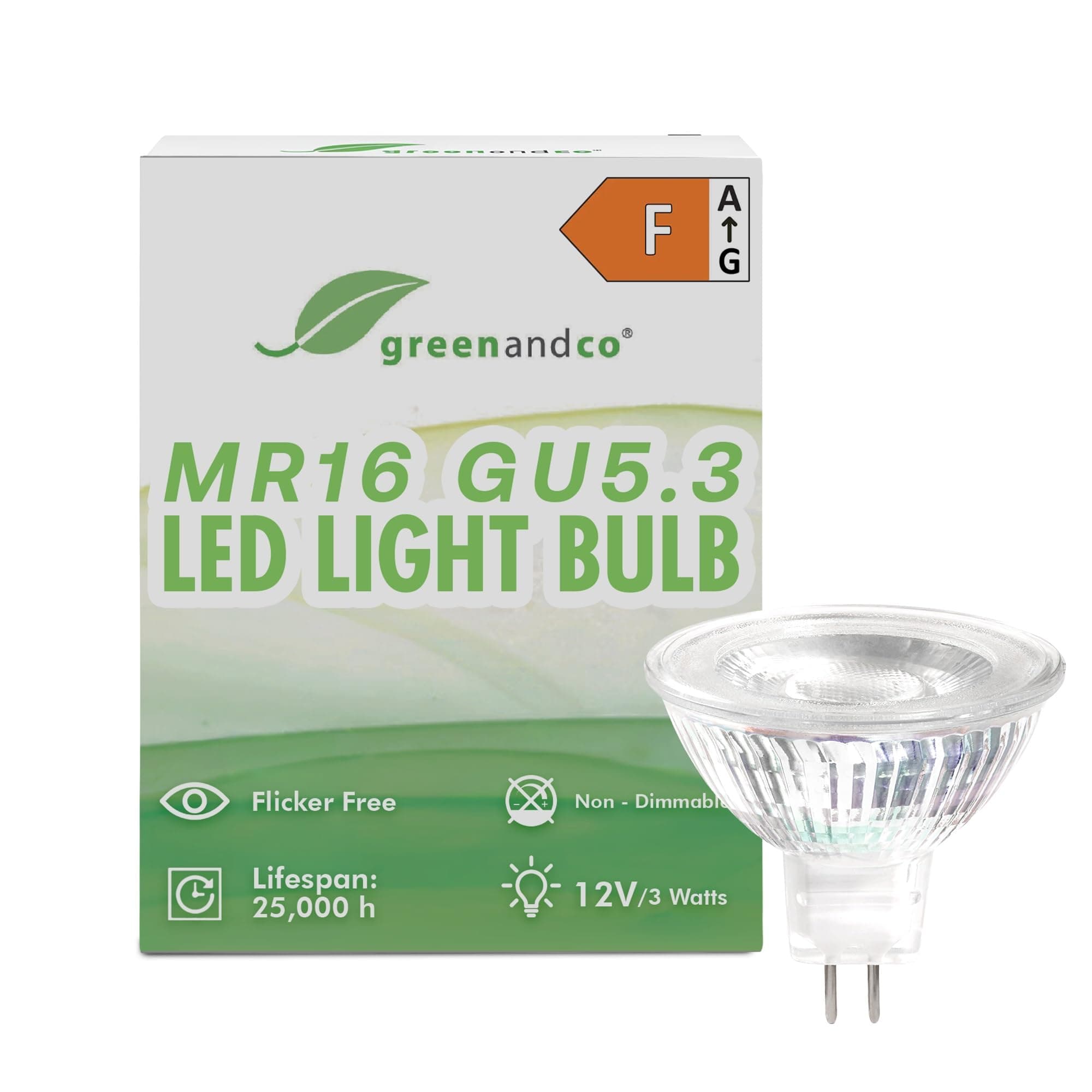 greenandco MR16 GU5.3 | Replaces 30W | Warm White 2700K | CRI 90+ | 3W 270 lm | 38° | No Flicker | COB LED Light Bulb | 12V AC/DC | Non dimmable