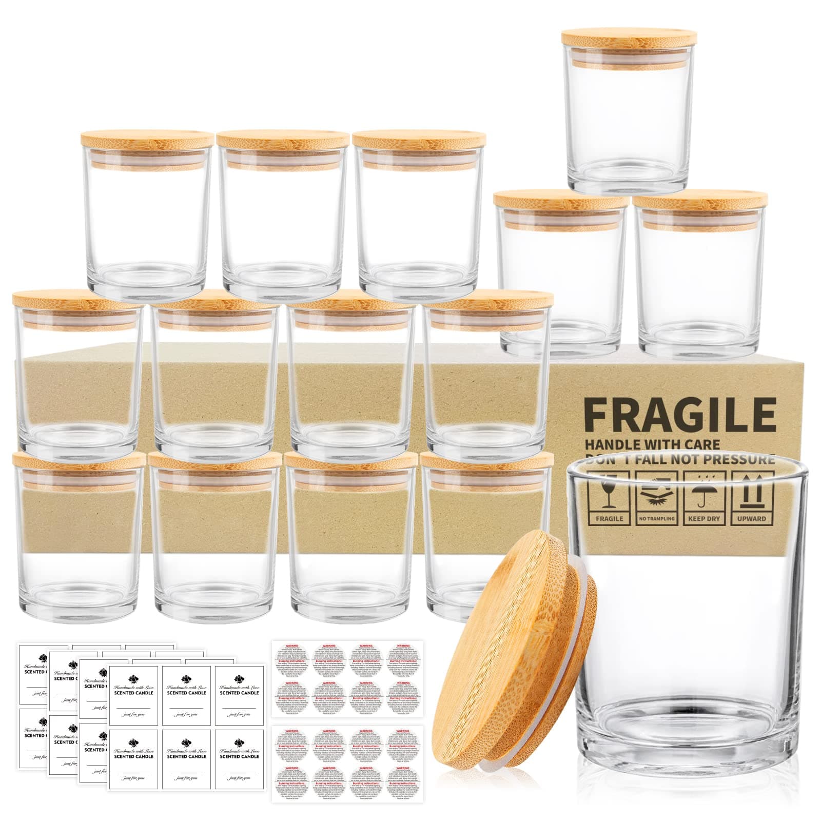 15 Pack Glass Candle Jars, 7oz Clear Candle Containers with Bamboo Lids and Labels, Empty Candle Jars for Making Candles - Dishwasher Safe, 7 fl.oz