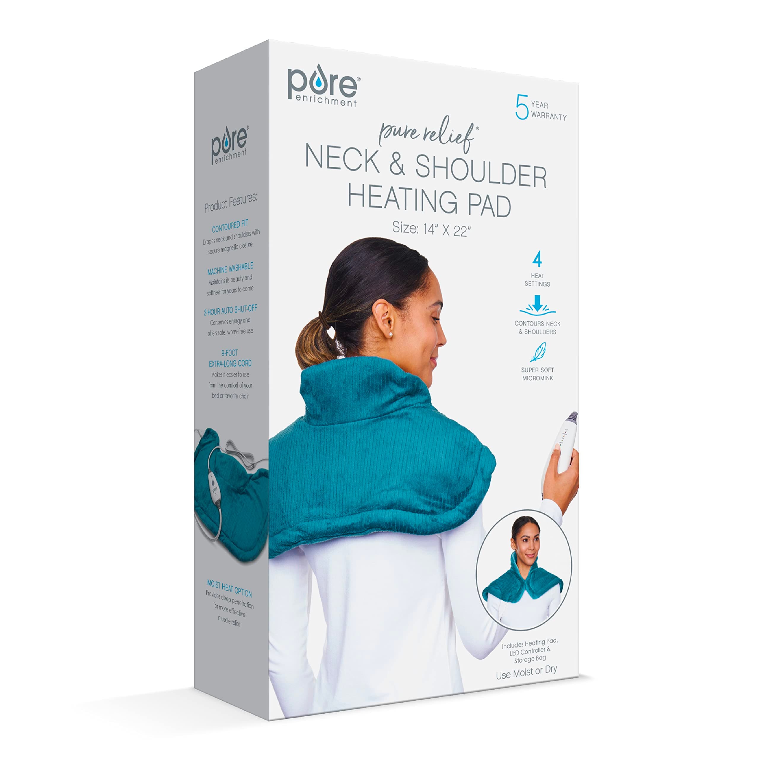 Pure Enrichment PureRelief Neck & Shoulder Heating Pad - 4 Heat Settings, Auto Shut-Off, Universal Fit, Magnet Closure, Soft Micromink, Storage Bag, 5-Year Warranty, Machine Wash (Turquoise Blue)