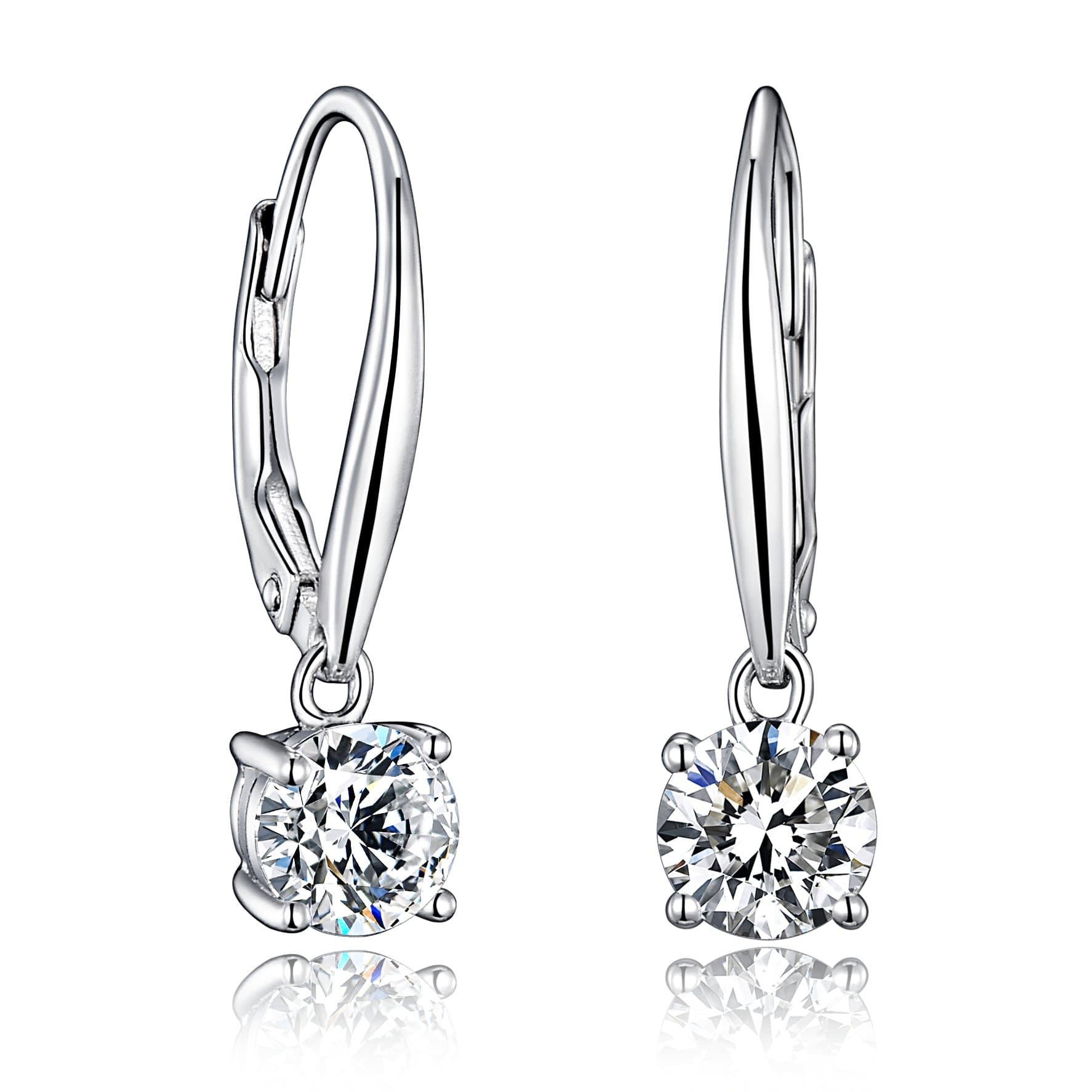 Sterling Silver Dangle Drop Lever Back Earrings With Two 6.0mm/1.45ct Hearts & Arrows Cutting Simulated Diamonds - New Release