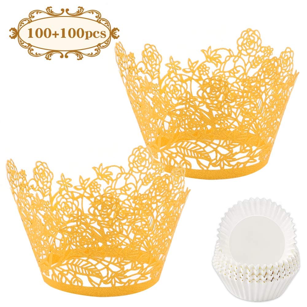 BAKHUK 200pcs Gold Rose Lace Cupcake Wrappers and Liners, Artistic Bake Cake Paper Cups Laser Cut Liners for Wedding Party Birthday Decoration