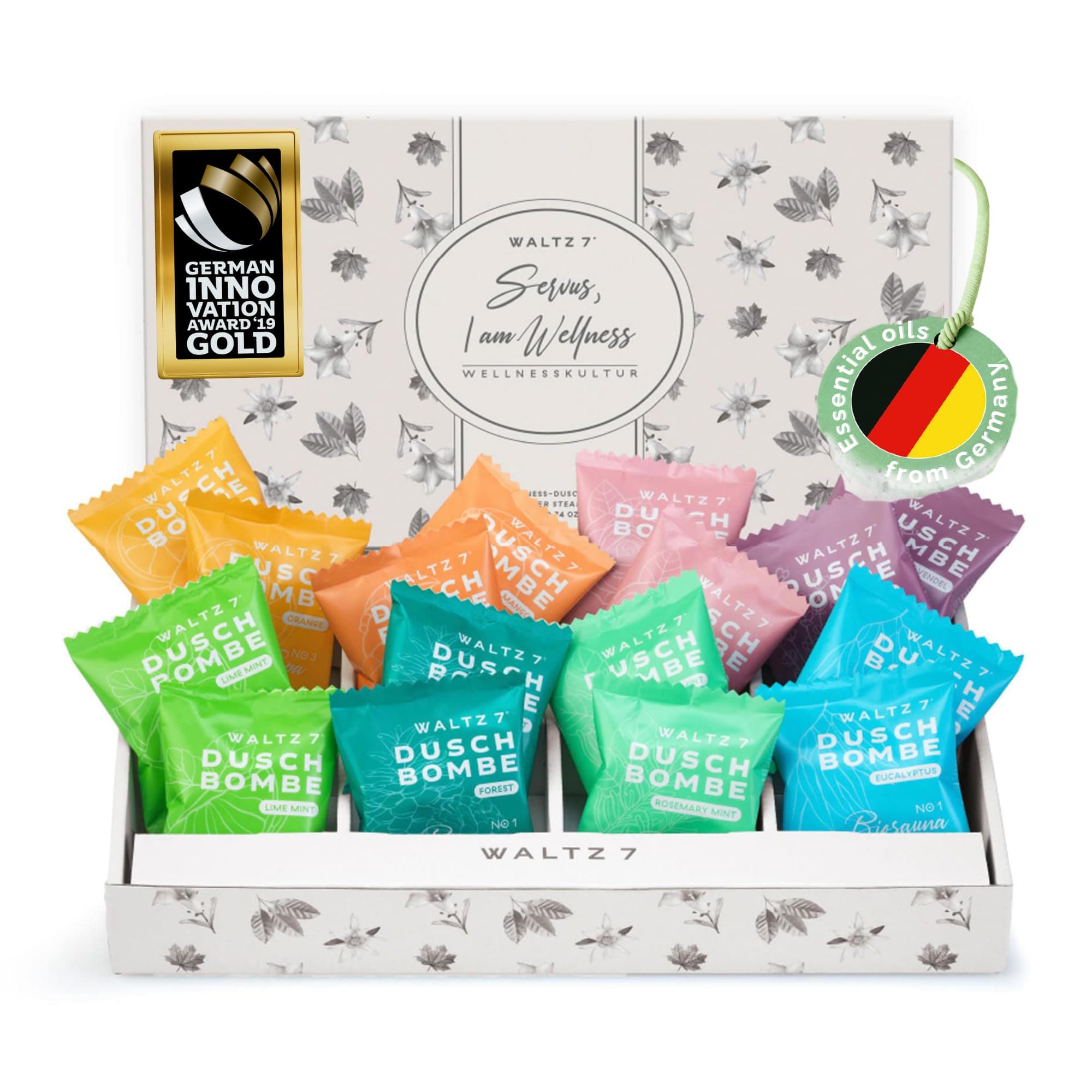 WALTZ 7 Shower Steamers Set, 16 Pieces, 8 Scents, Shower Bombs Made in EU, Natural Essential Aromatherapy Oils, Unique Spa Stress Relief, Pamper Gift for Women, Men, Easter Gifts for Adults