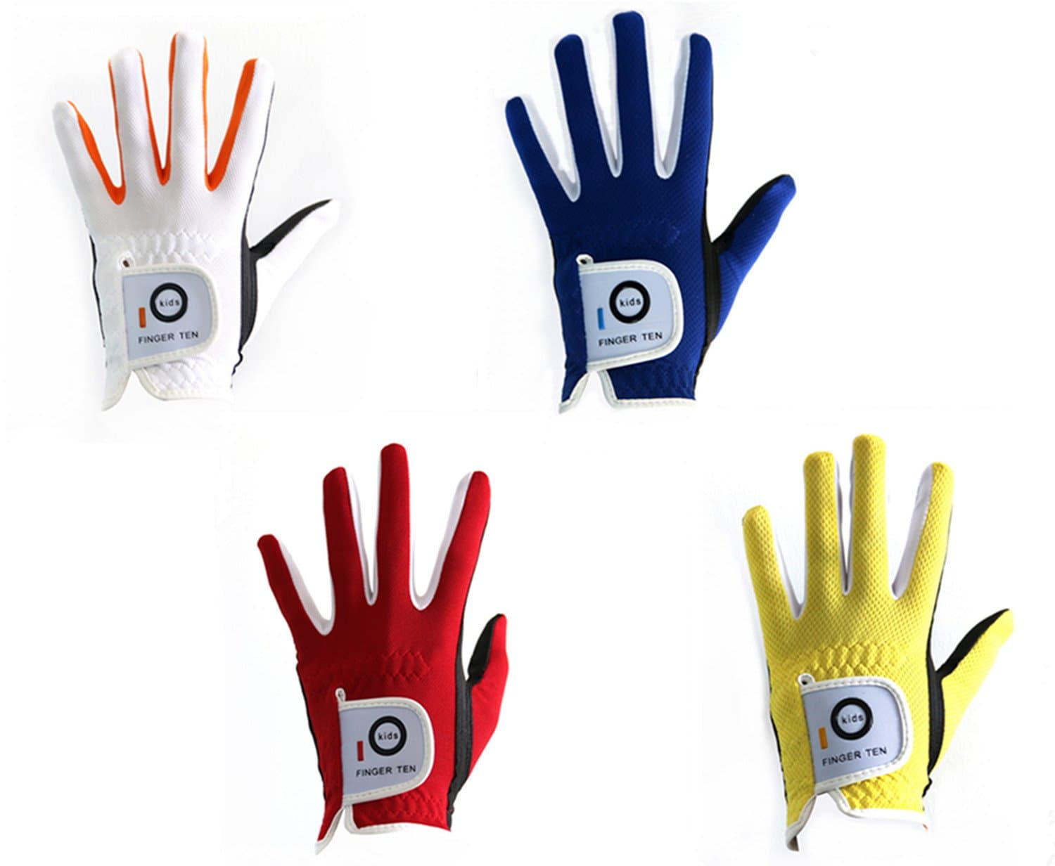 FINGER TENJunior Kids Dura Feel White Blue Red Yellow Golf Gloves Extra Value 2 Pack (Large Red, Left)