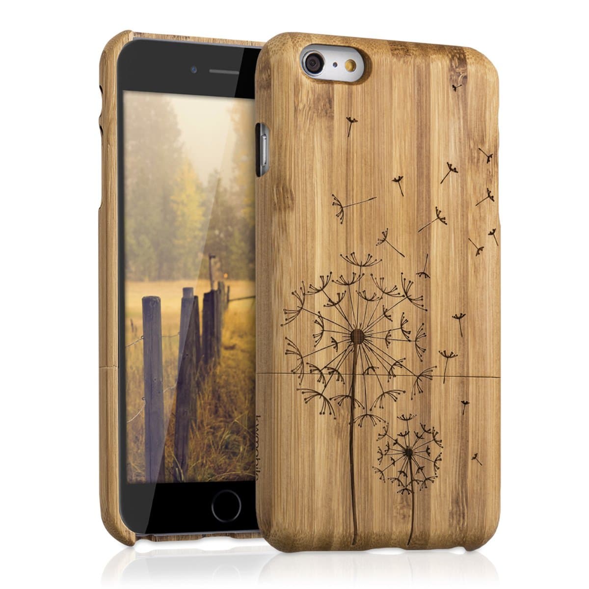 kwmobile Bamboo Wood Case Compatible with Apple iPhone 6 Plus / 6S Plus - Natural Solid Hard Wooden Protective Cover - Dandelions Light Brown