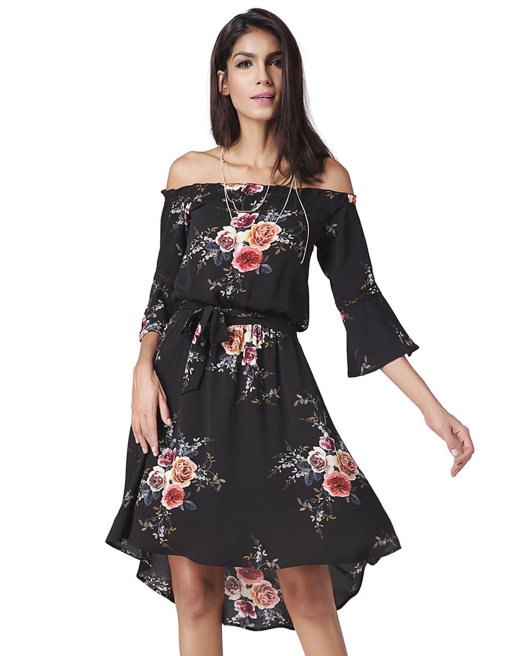 Women's Floral Off Shoulder Ruffles Chiffon Party Dress(XL,Black)