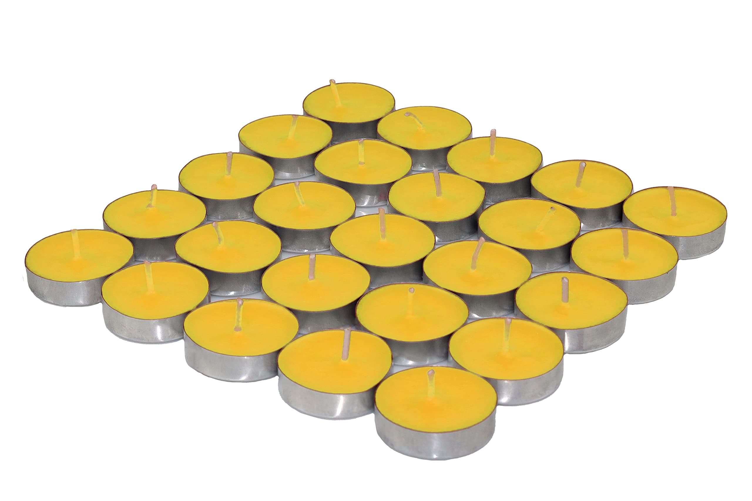 Shraddha Creation Wax Yellow Tealight Candles, Plain Tea Lights Candles Set of 25 for Diwali Decorations, Fancy Unscented Tealight Candles Pack of 25pcs (Yellow Colour)