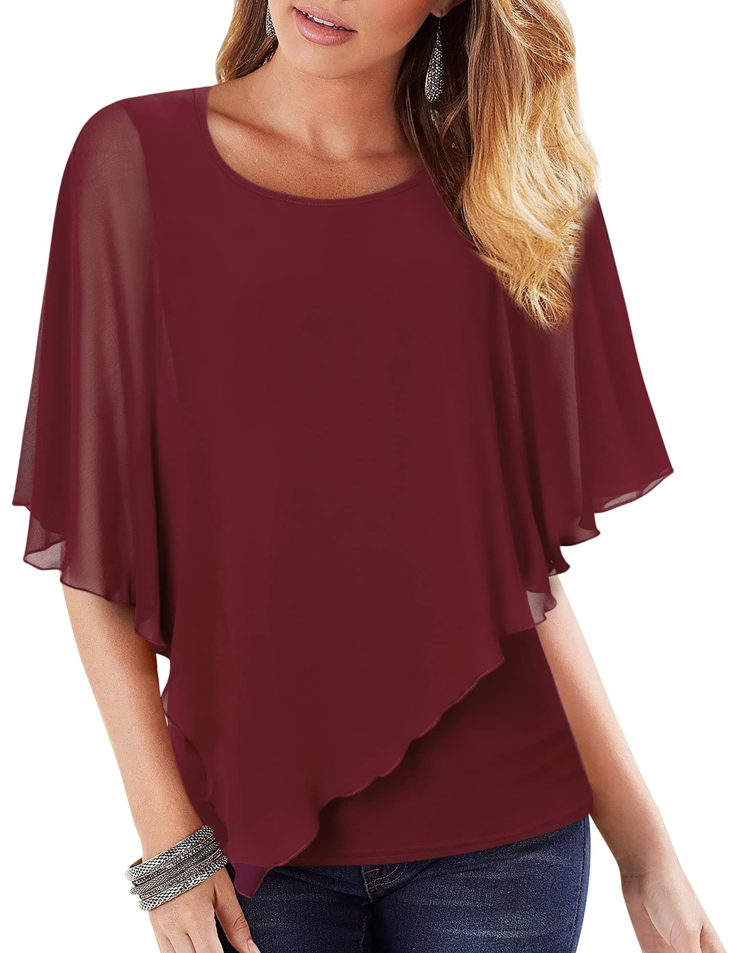 Women's Lightweight Flowy Shirt Double-Layered Printed Chiffon Poncho Blouse Top