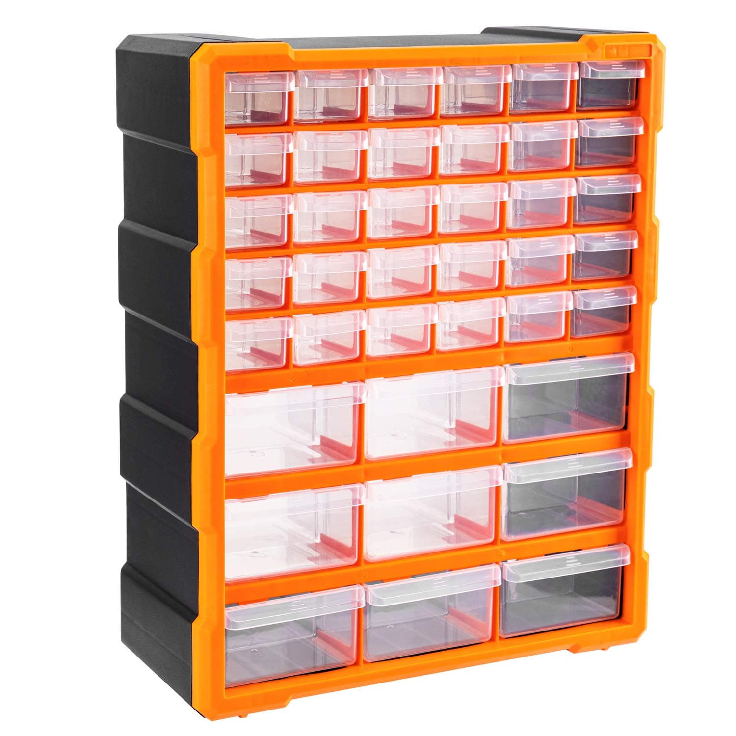 Wall Mount Hardware and Craft Storage Cabinet Organizer with 39 Drawers, Plastic Garage Organization System with Dividers for Small Parts, Black, Orange, 15" x 6.3" x 18.6"