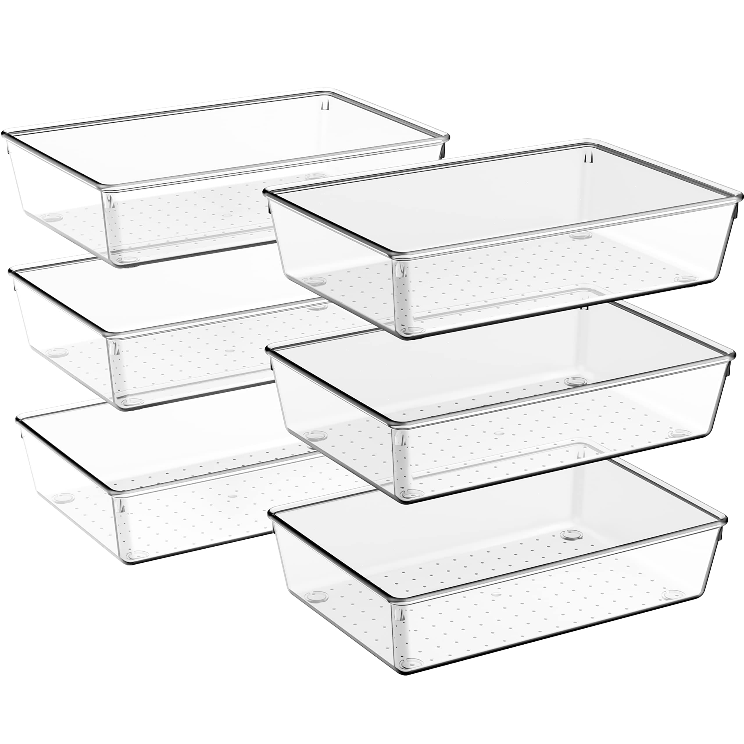 Criusia 6 Pack Large Size Clear Plastic Versatile Acrylic Stackable Drawer Organizer Trays, Storage Bins for Makeup, Bathroom, Kitchen and Office