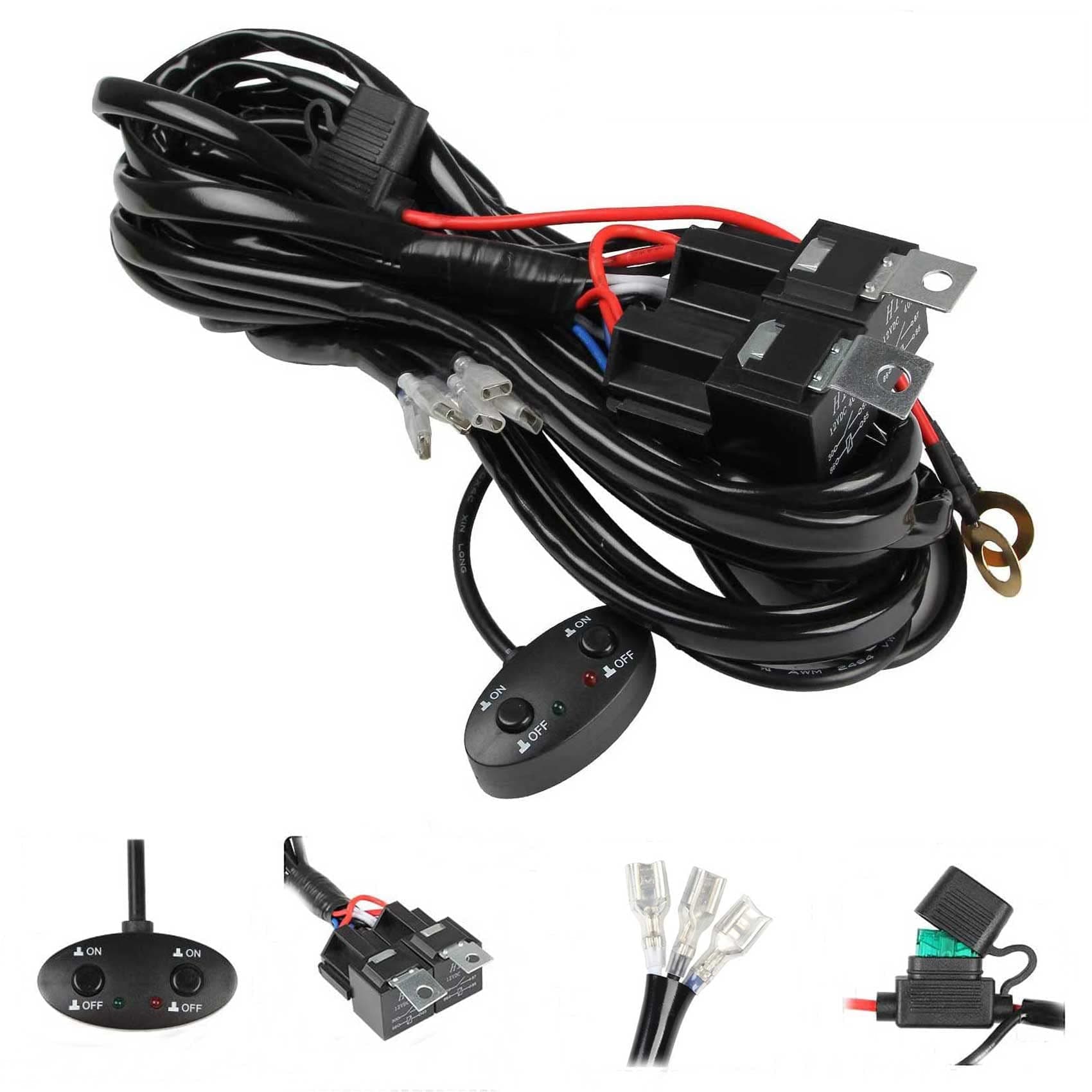 LED Light Bar Wiring Harness 14AWG, YUGUANG 3 Lead Universal Led Wiring Harness with 12V 40A Relay and Two Control Switches for Switching Between Different Modes