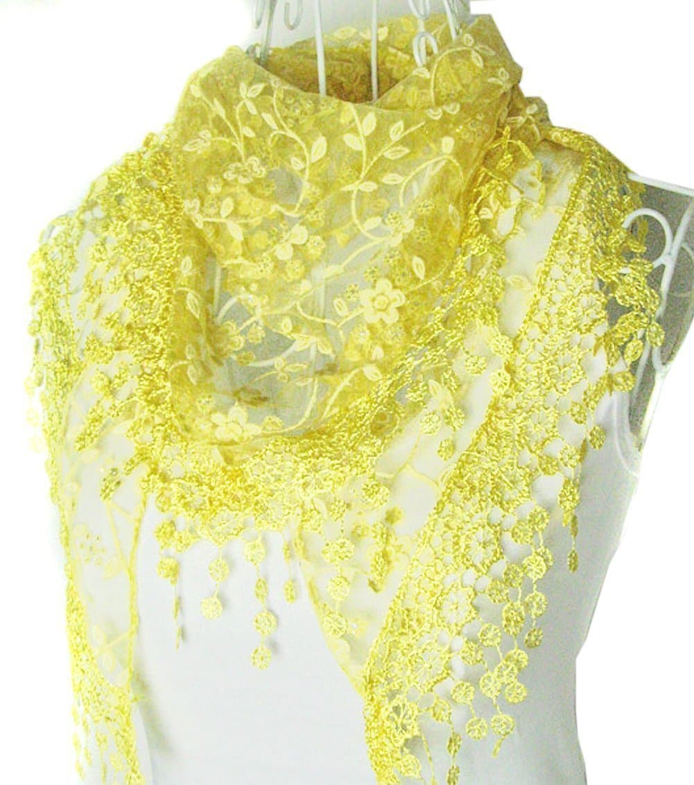 HugeStoreHugeStore Women Ladies Elegant Lace Tassel Blending Silk Long Scarf Scarves Wrap Shawl Triangular Scarf Yellow,140x52cm
